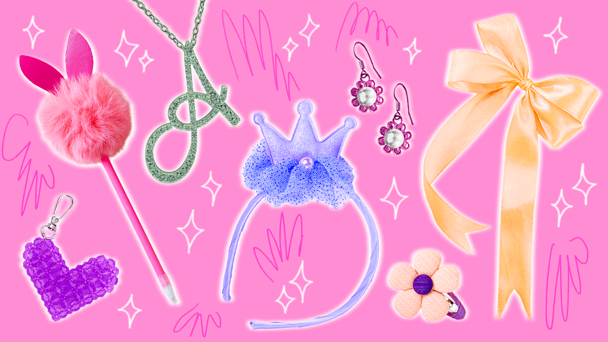 A pink collage with trinkets such as a fluffy pen, a headband, a ribbon, and earrings