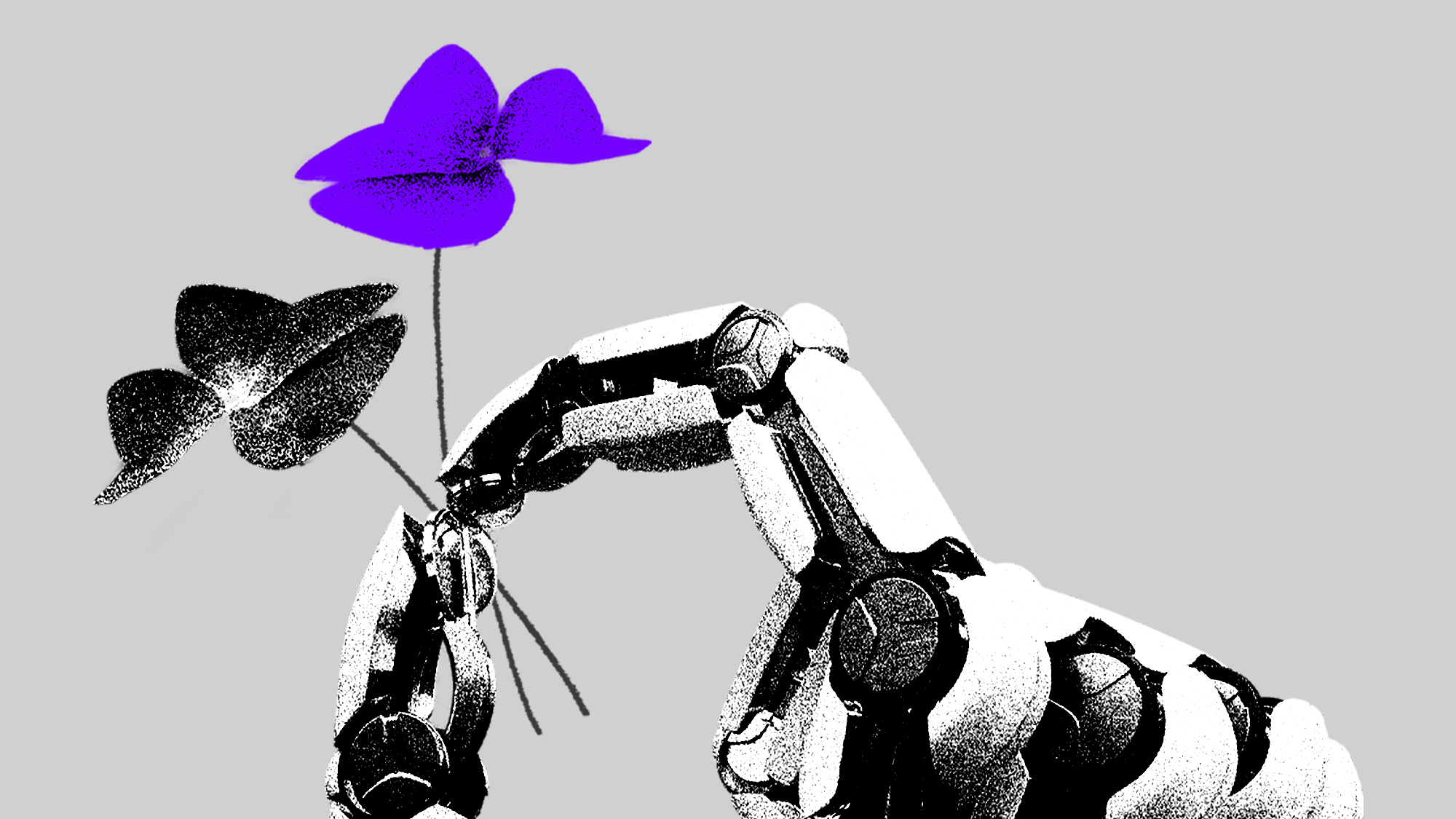Image of a robotic hand holding two flowers, one purple and vibrant and the other black.