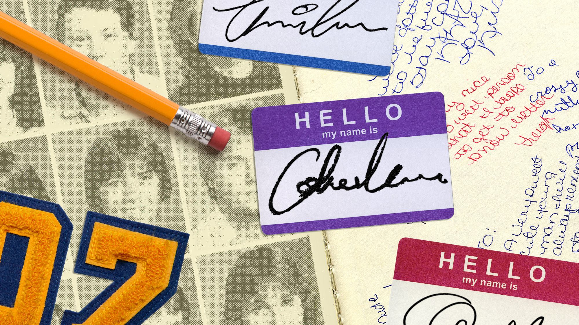 A collage of a yearbook with name tags and signatures