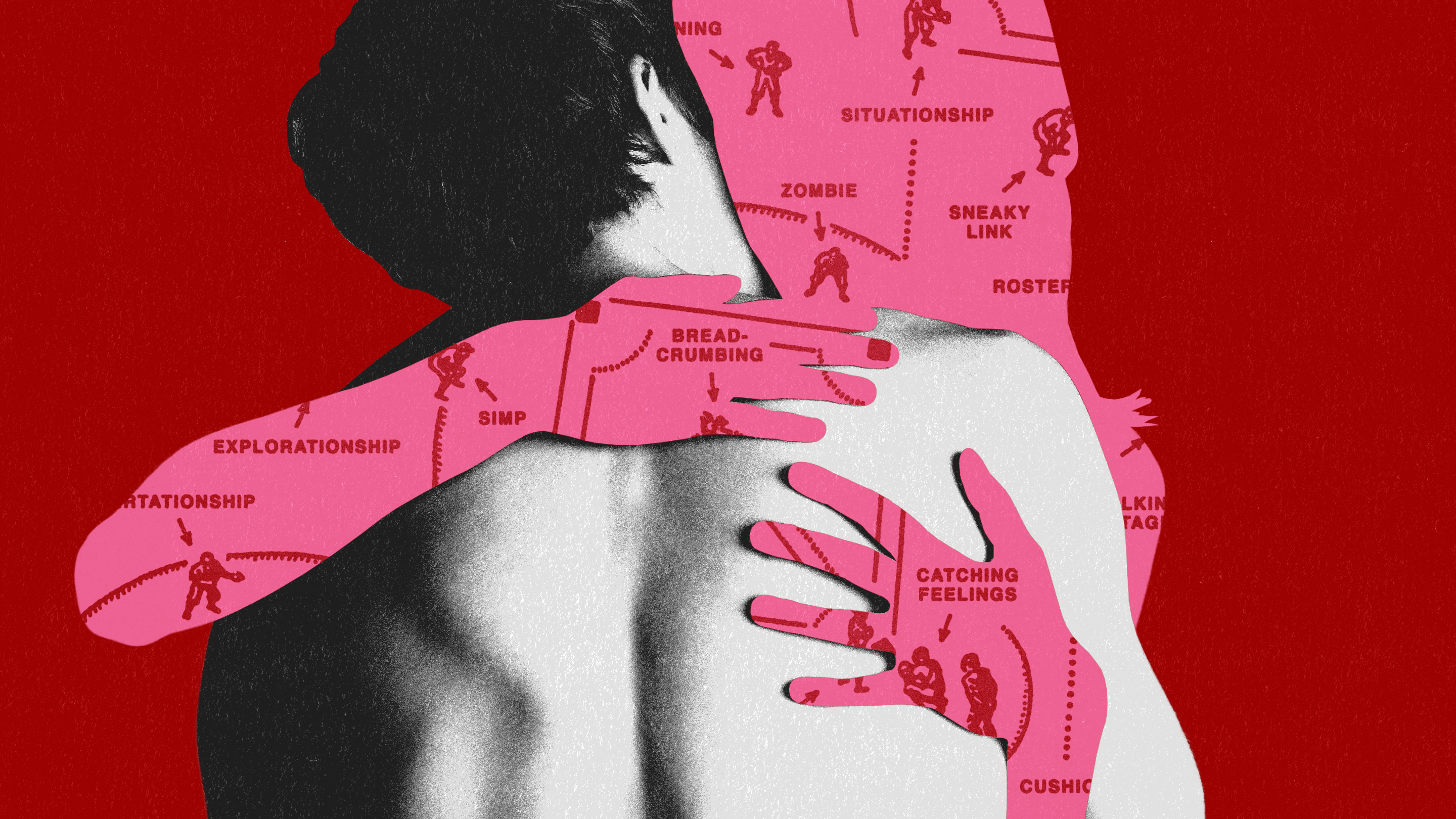 An illustration of two people embracing; one of them has a variety of language such as "zombie" and "situationship" on their body