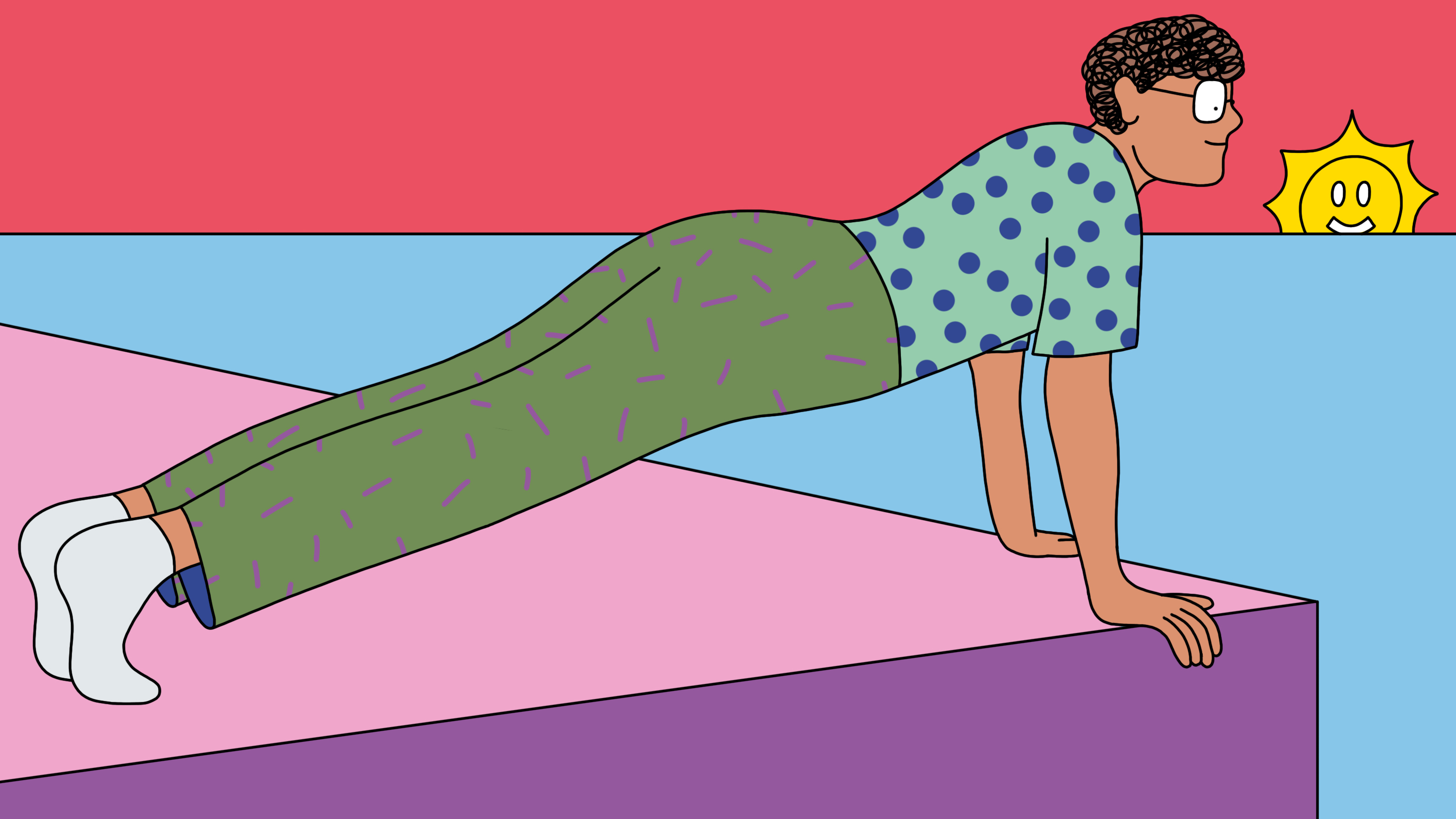 Illustration of a man in push-up position with a smiling sun rising on the horizon behind him