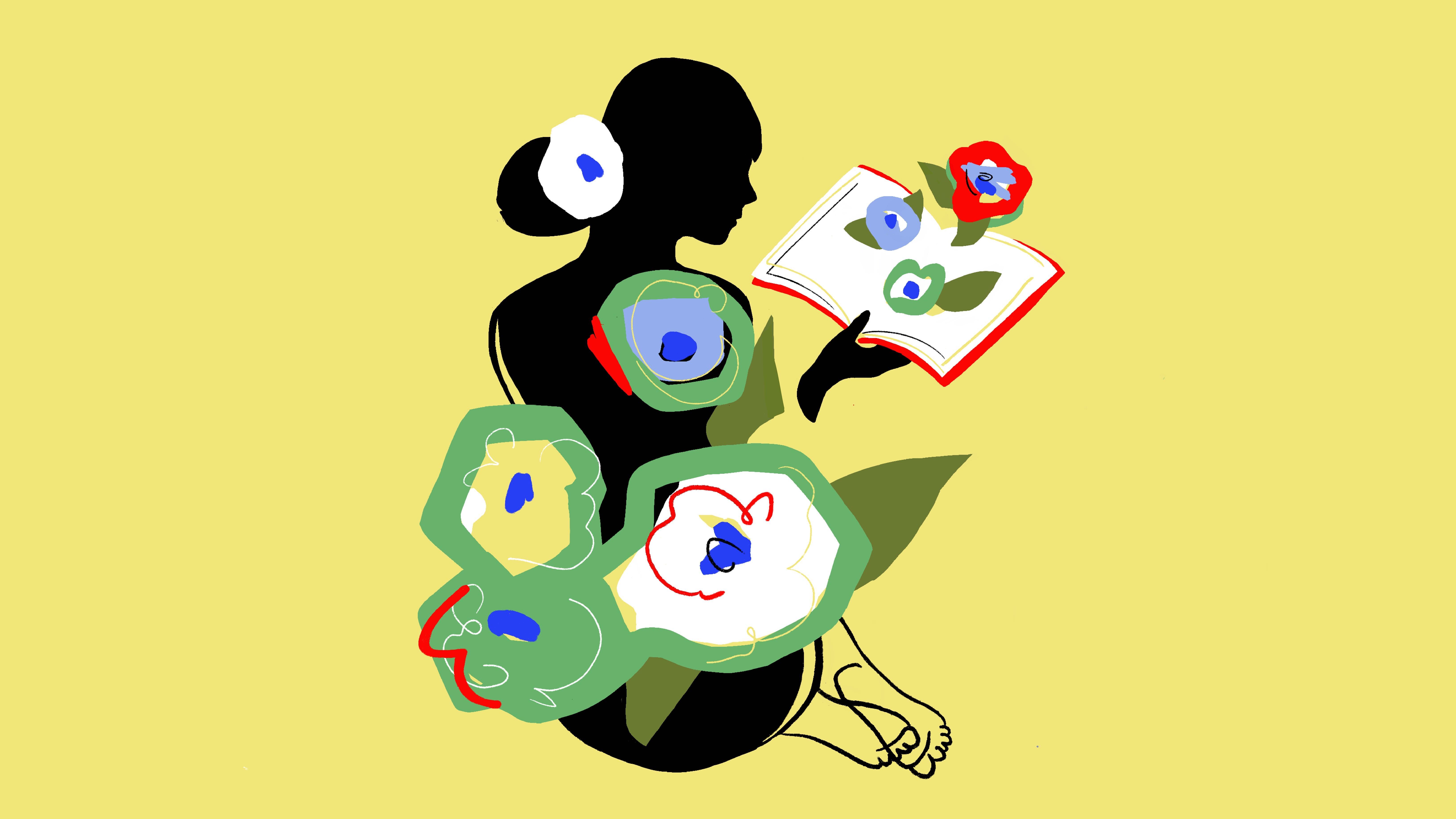 Silhouette of a girl reading a book, with flowers scattered around