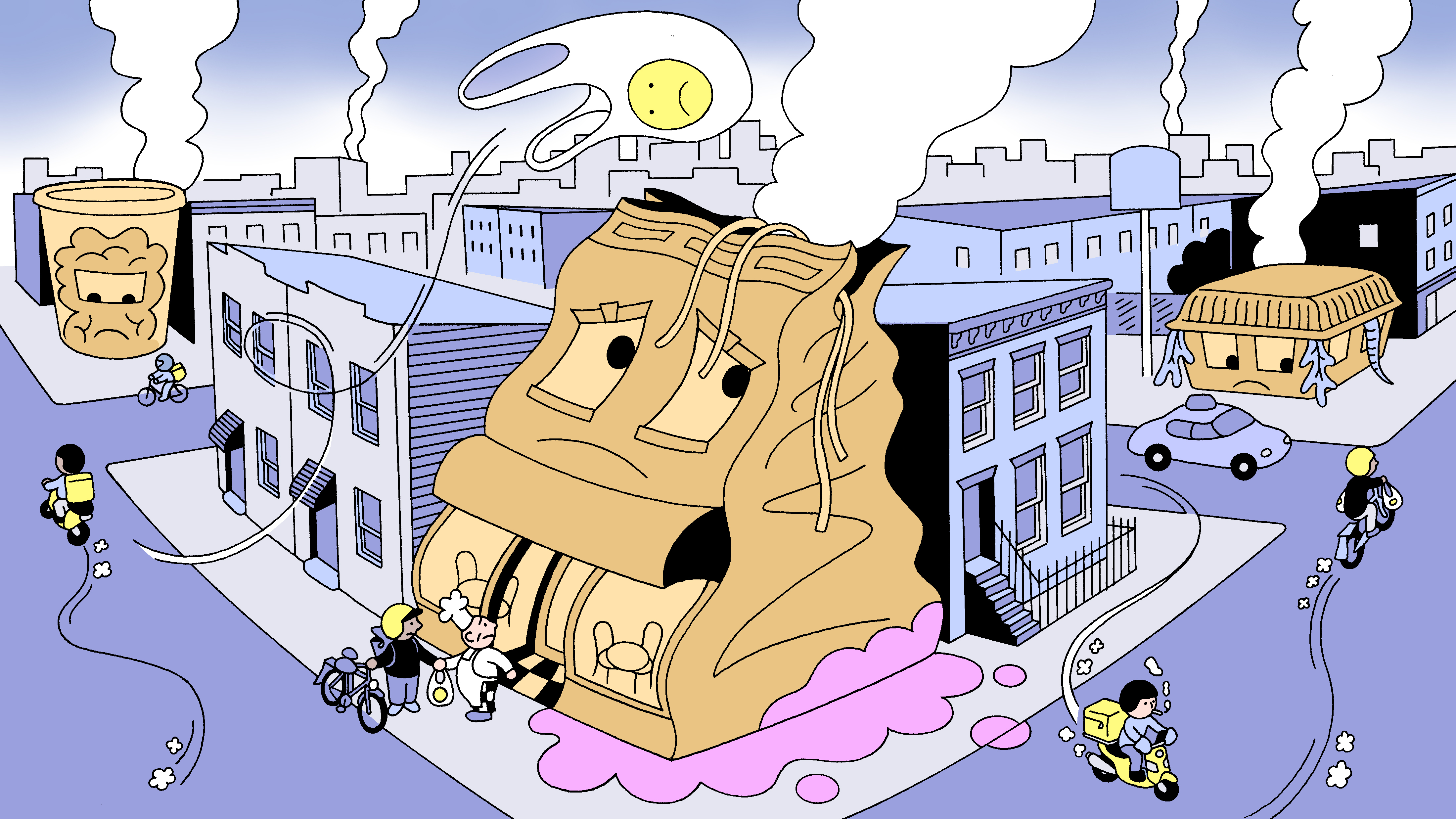 An illustration of a takeout bag on a corner of a city street