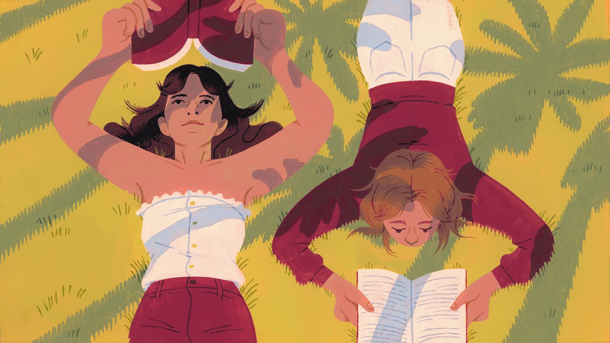 Illustration of two women lying outside, under the shadow of palm trees, reading together
