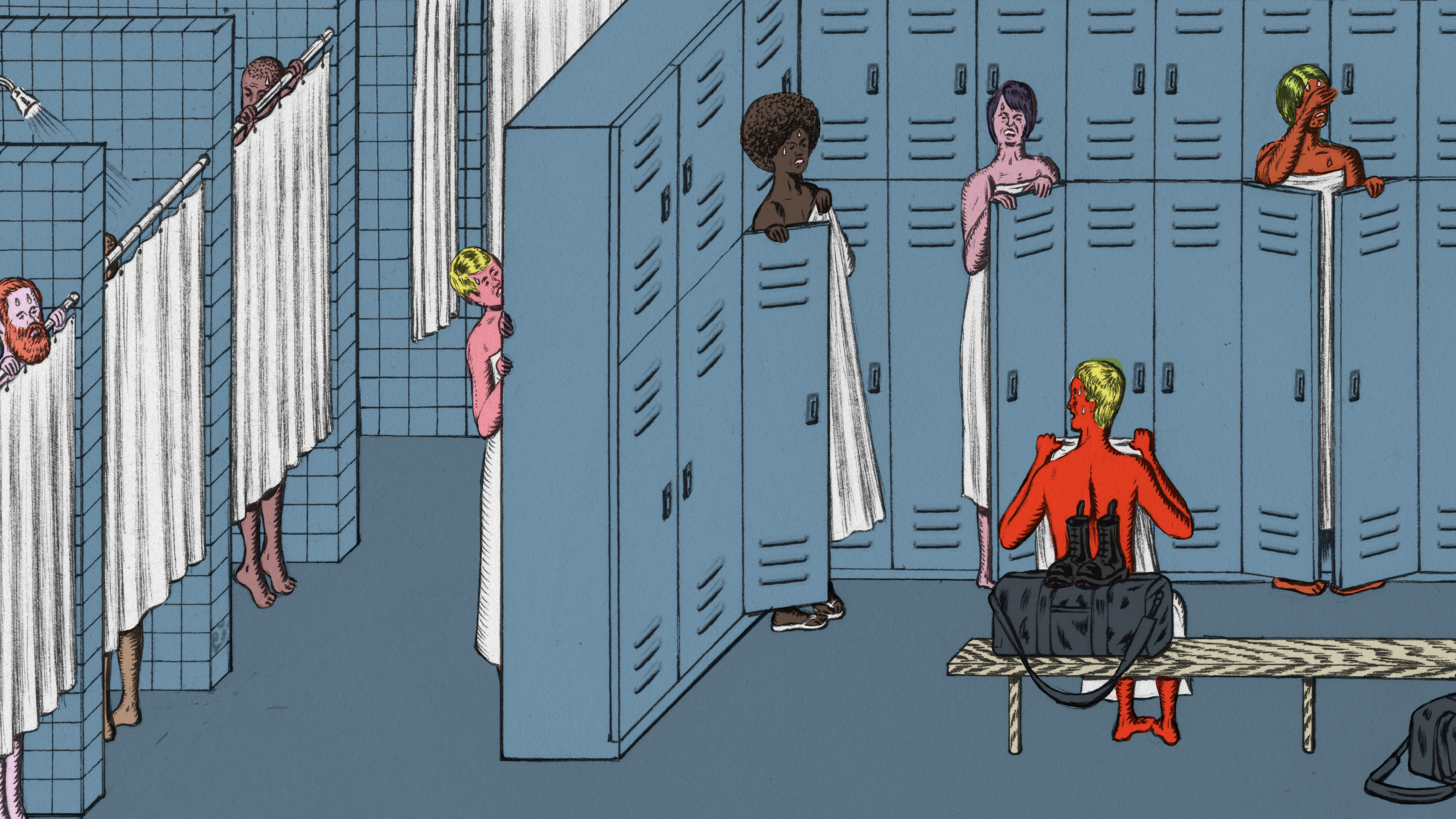An illustration of people in a locker room, all covered up by towels or curtains