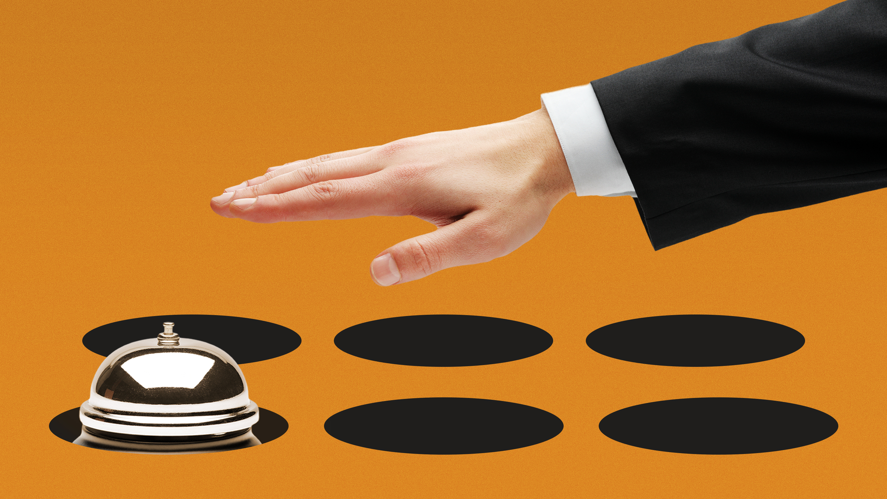Illustration of a hand reaching for a hotel bell on a field of black circles