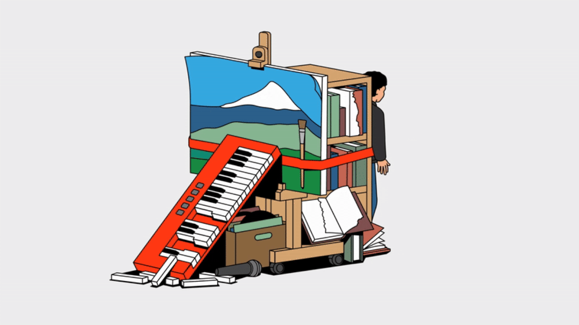 a figure trying to run away from dilapidated and tattered symbols of pop culture