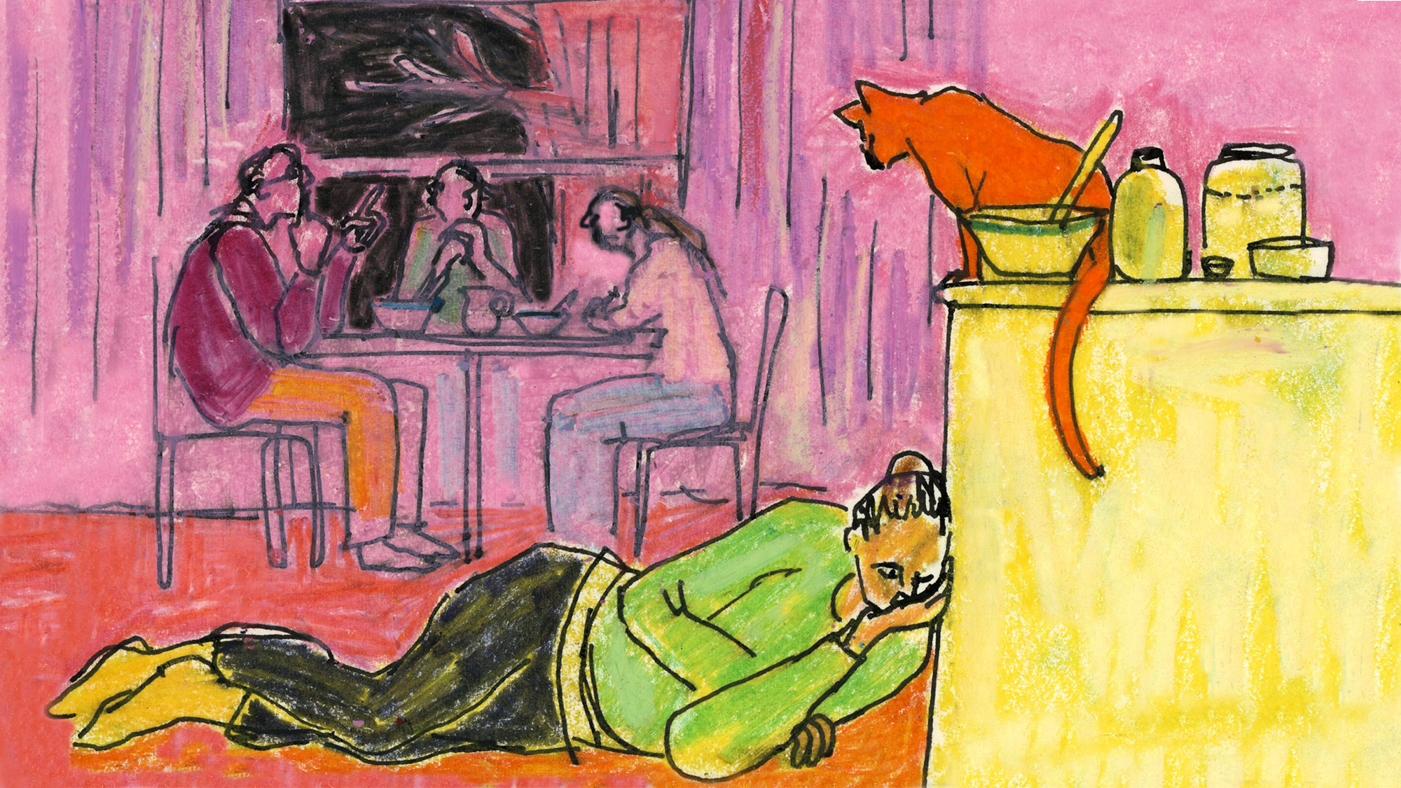 a female figure shown sleeping with people engaged in conversation in the background