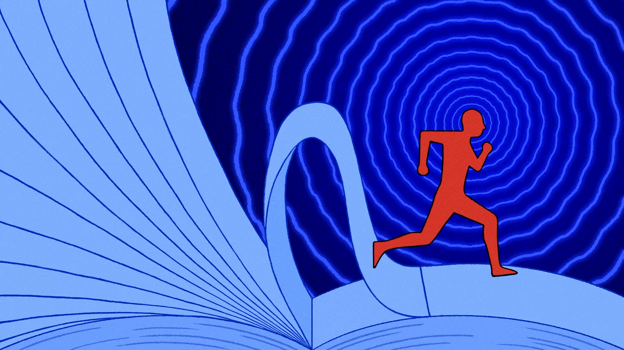 a figure running over an opened book turning its pages