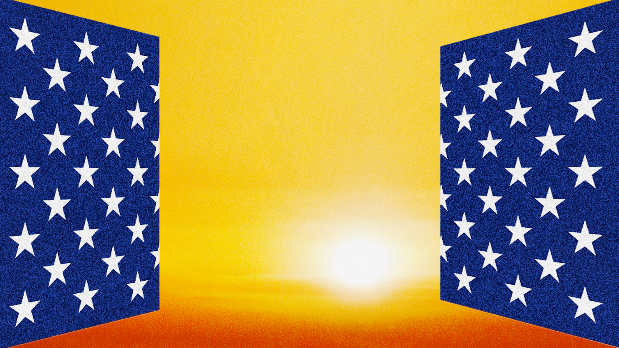 An illustration of a sunrise or sunset through a window with American-flag shutters
