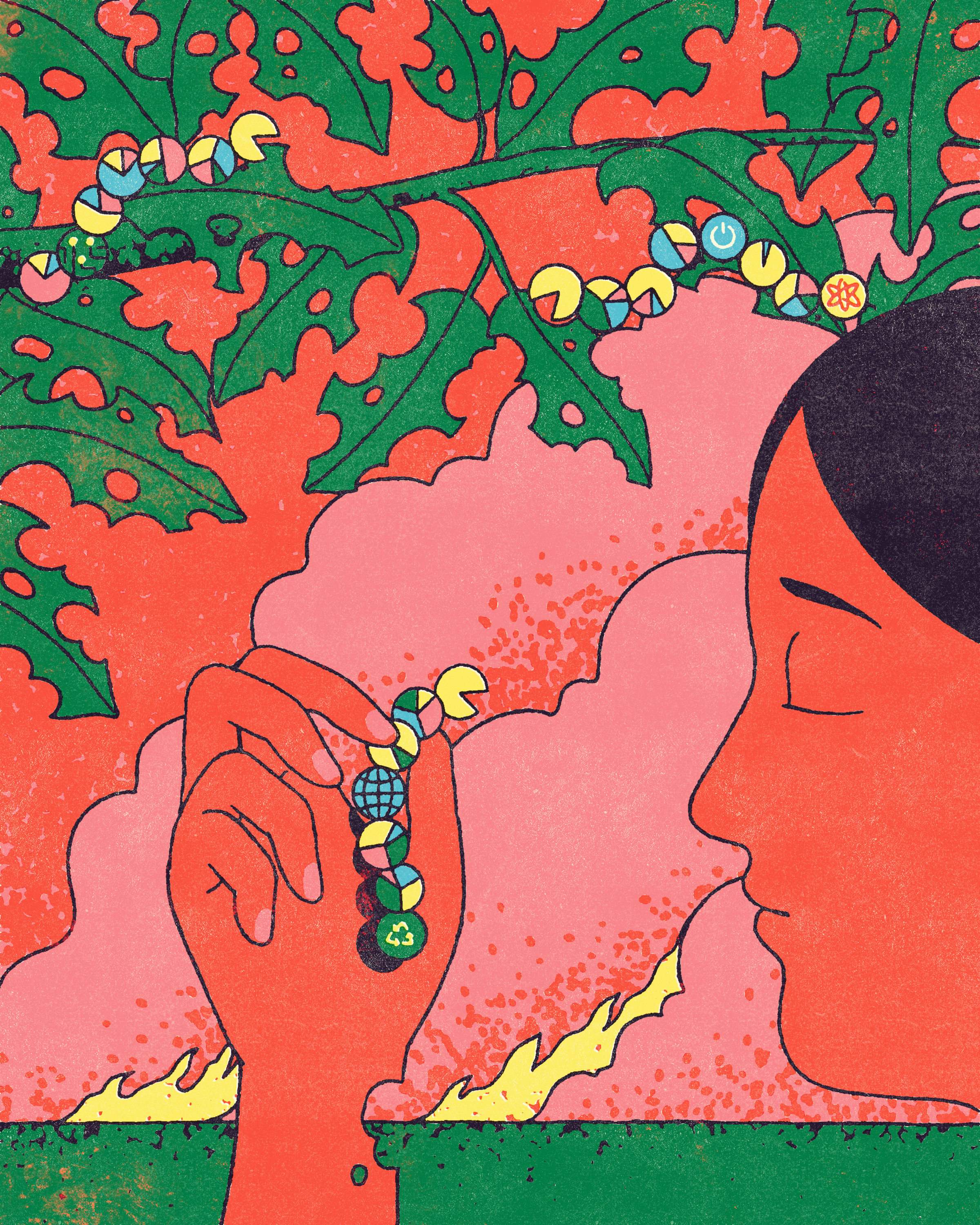 An illustration of a woman holding a colorful caterpillar made of circular symbols—such as a recycling sign, a globe, and power and atomic icons—between her fingers.