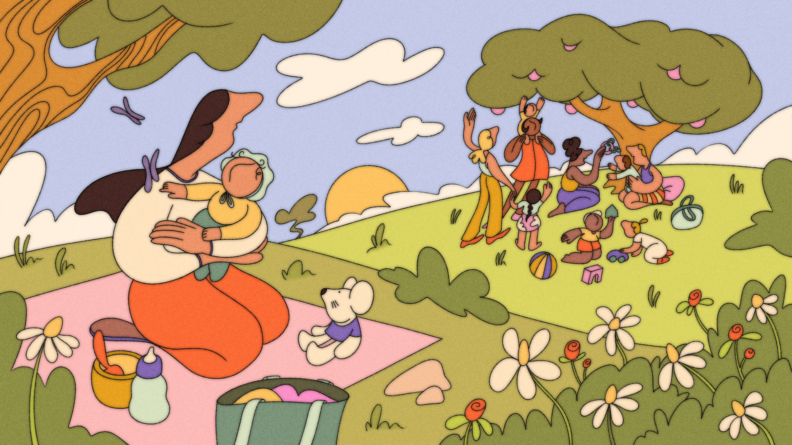 An illustrations of a mother with a baby looking into the distance at a group of parents with children