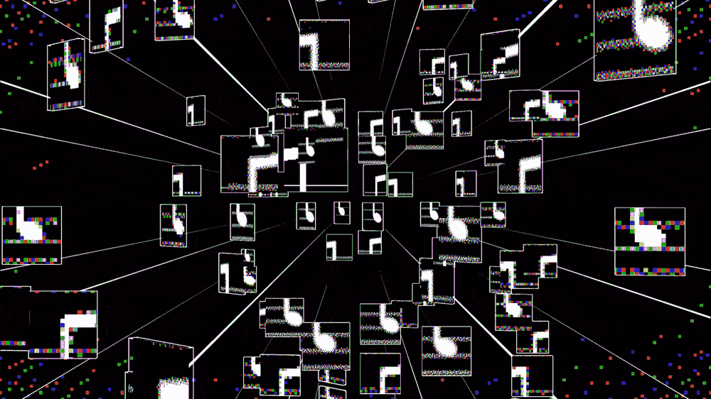 A moving image of glitchy and pixelated repetitive music notes