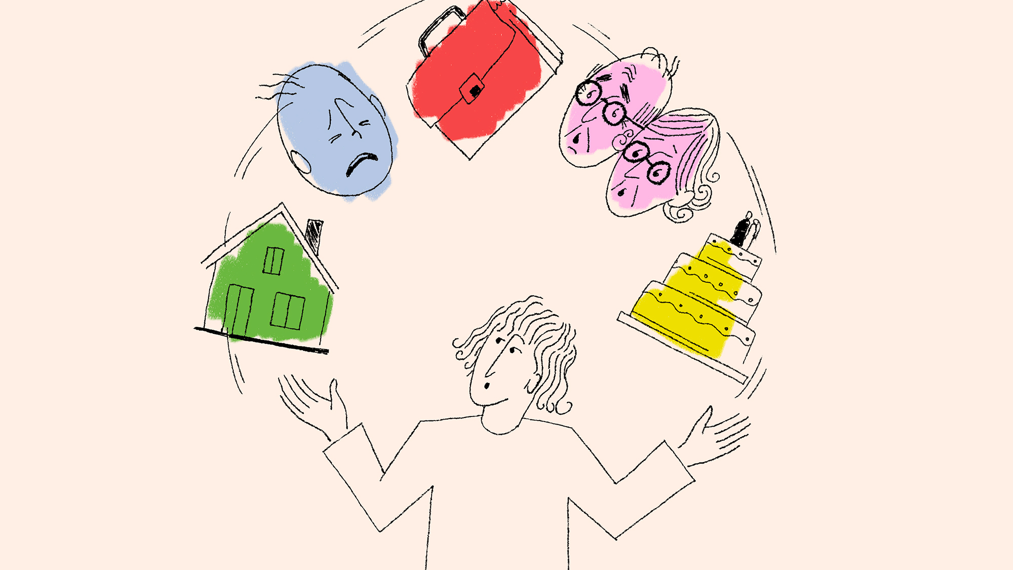 An illustration of a person juggling a home, baby, briefcase, older parents, and wedding cake