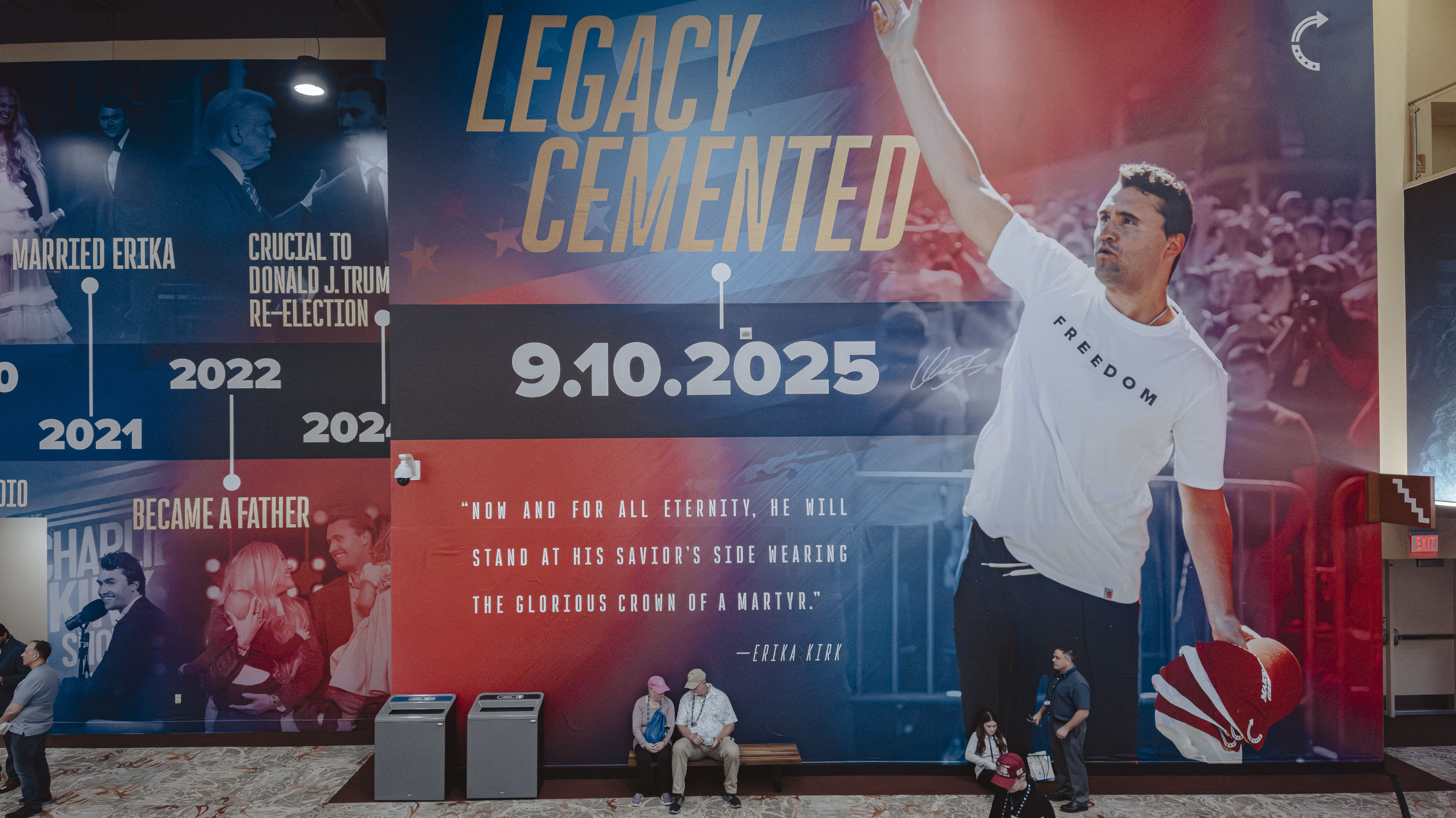 An image of a Charlie Kirk mural at AmericaFest, Turning Point USA's annual gathering