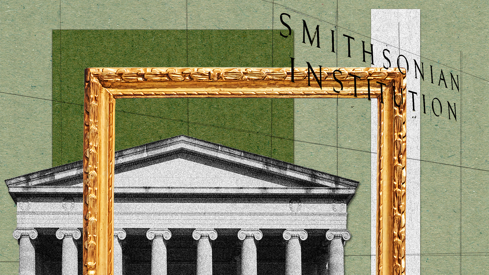 A collage of the Smithsonian, a frame, and a sculpture from the exhibit "Monuments"