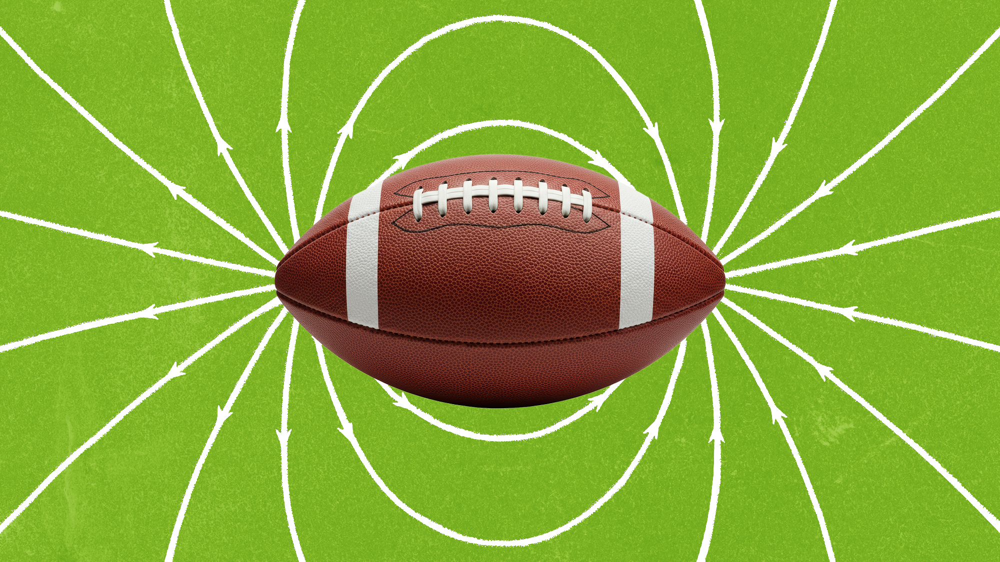 A brown American football floats at the center of a bright-green background, overlaid with white, chalk-like arrows and curved lines radiating outward, resembling a play diagram drawn on a football field.