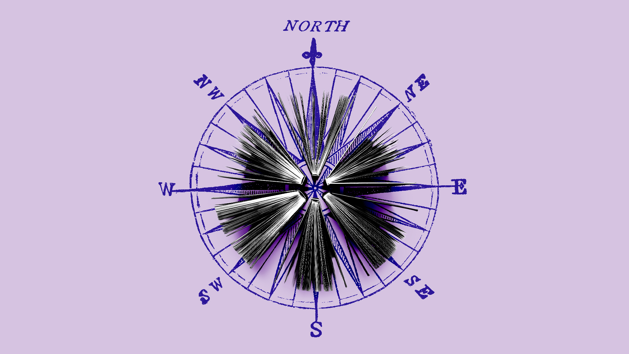 An illustration of a compass rose with book pages around it on a field of purple