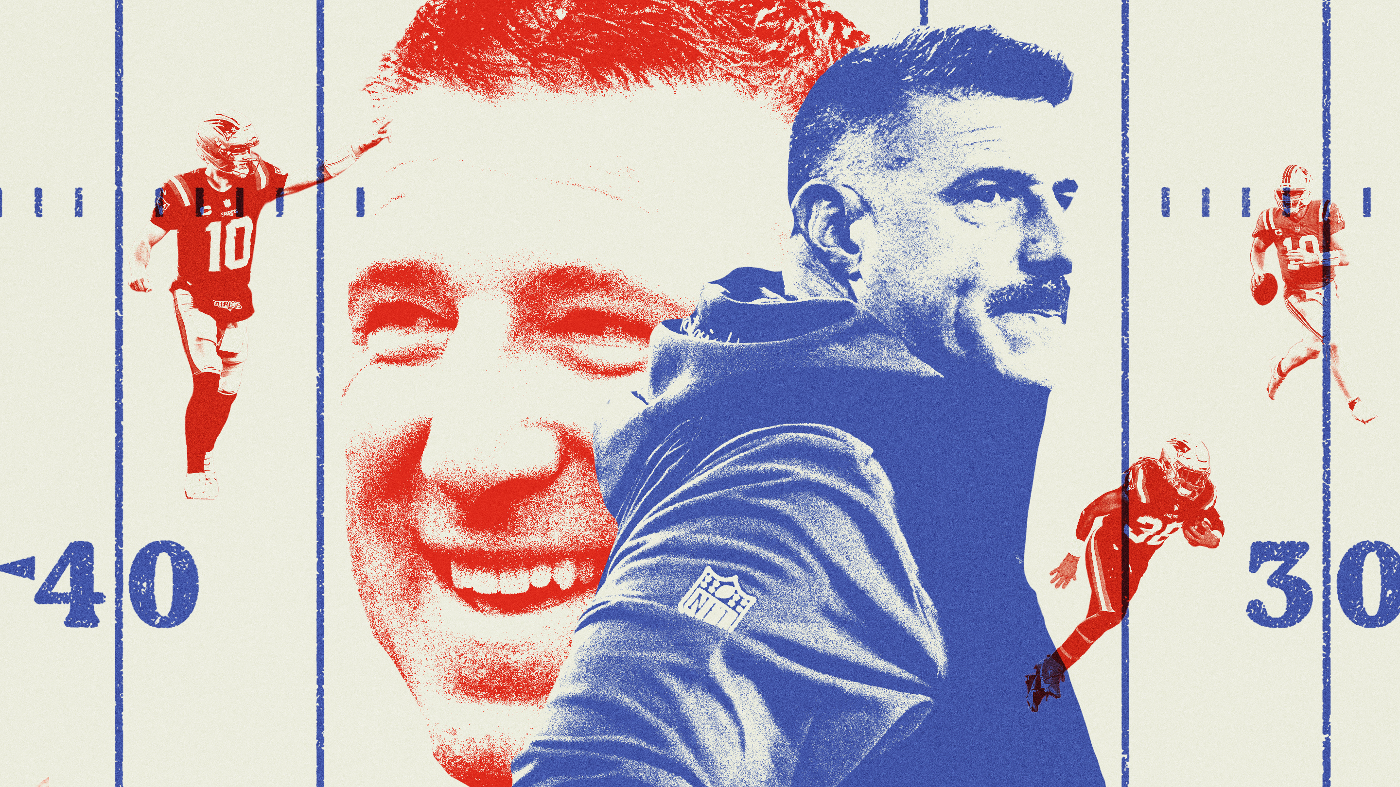 Photo-illustration of Mike Vrabel with the players Rhamondre Stevenson and Drake Maye