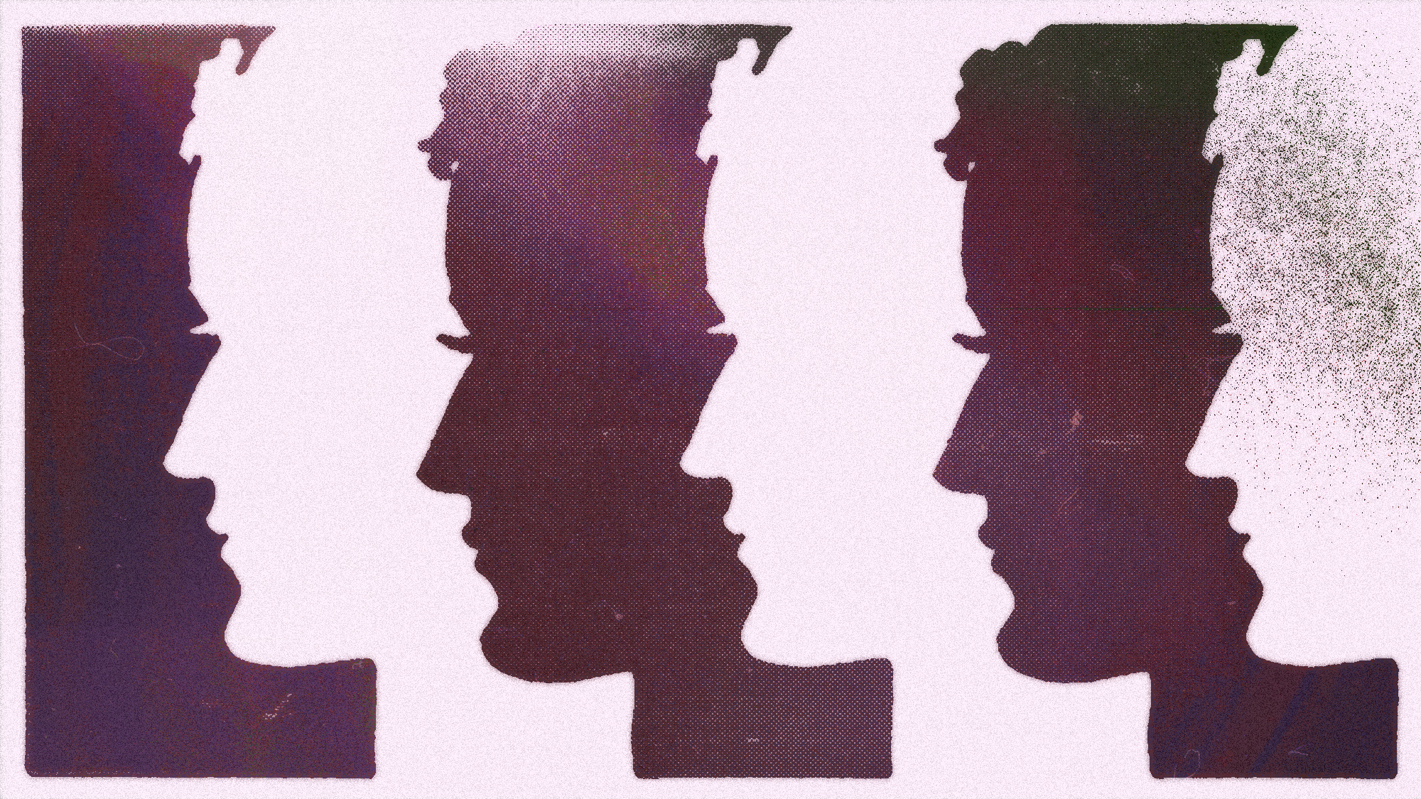 Alternating pink and maroon images of a stylized human head in profile