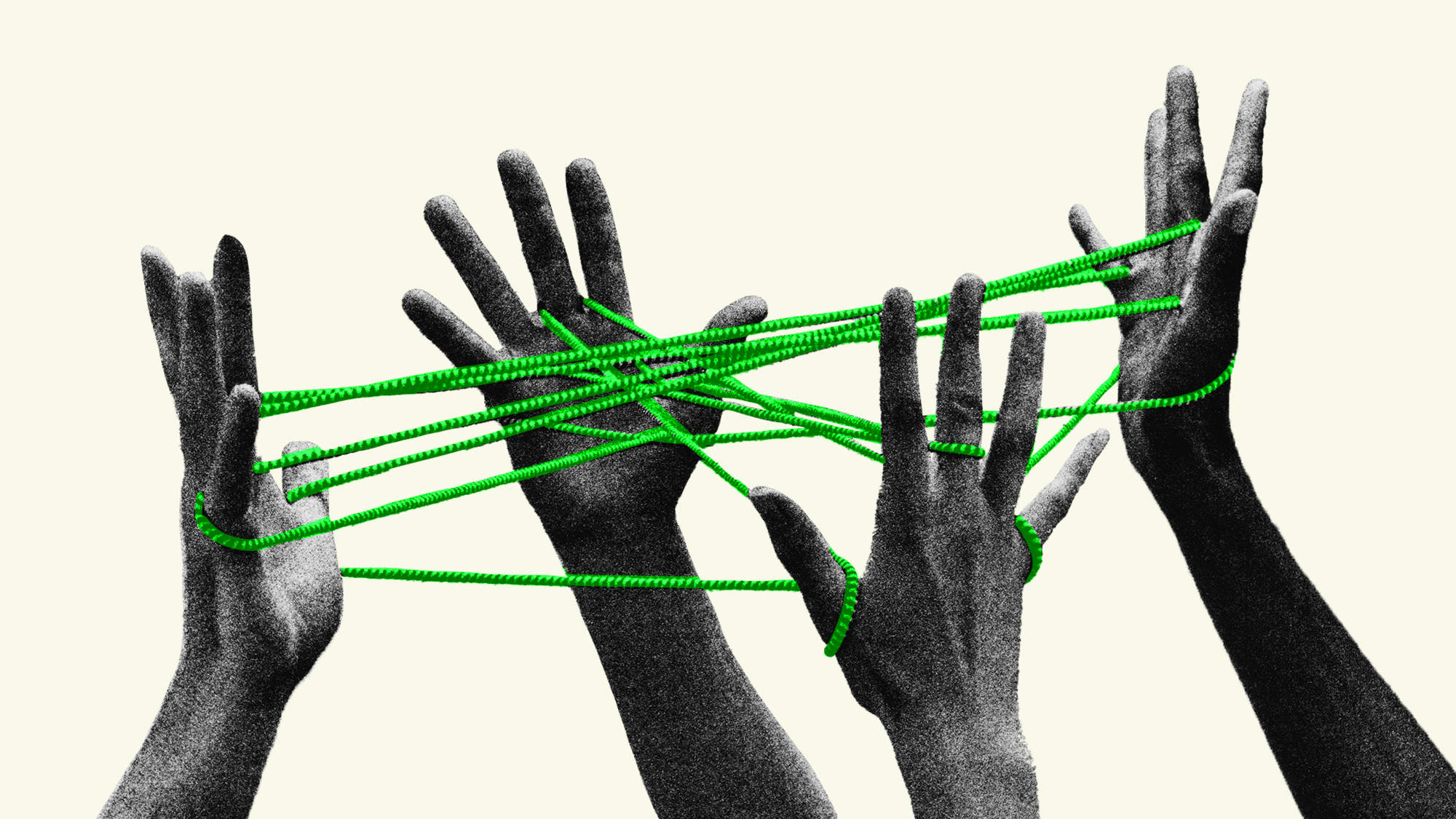 Illustration of hands united by a web of threads