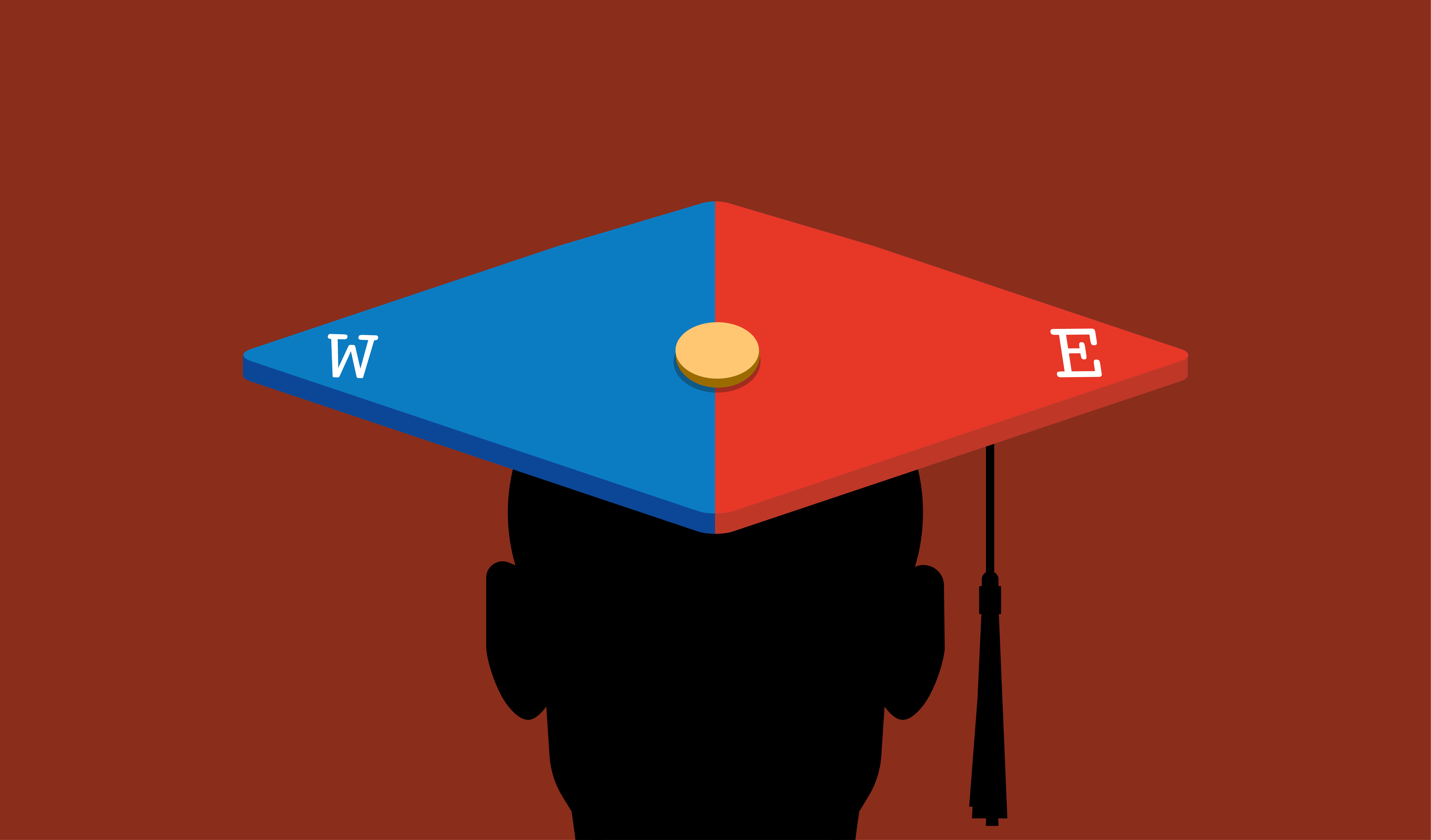 Illustration of a black silhouette wearing a graduation cap that has a blue and red top labeled “W” and “E” like a compass.