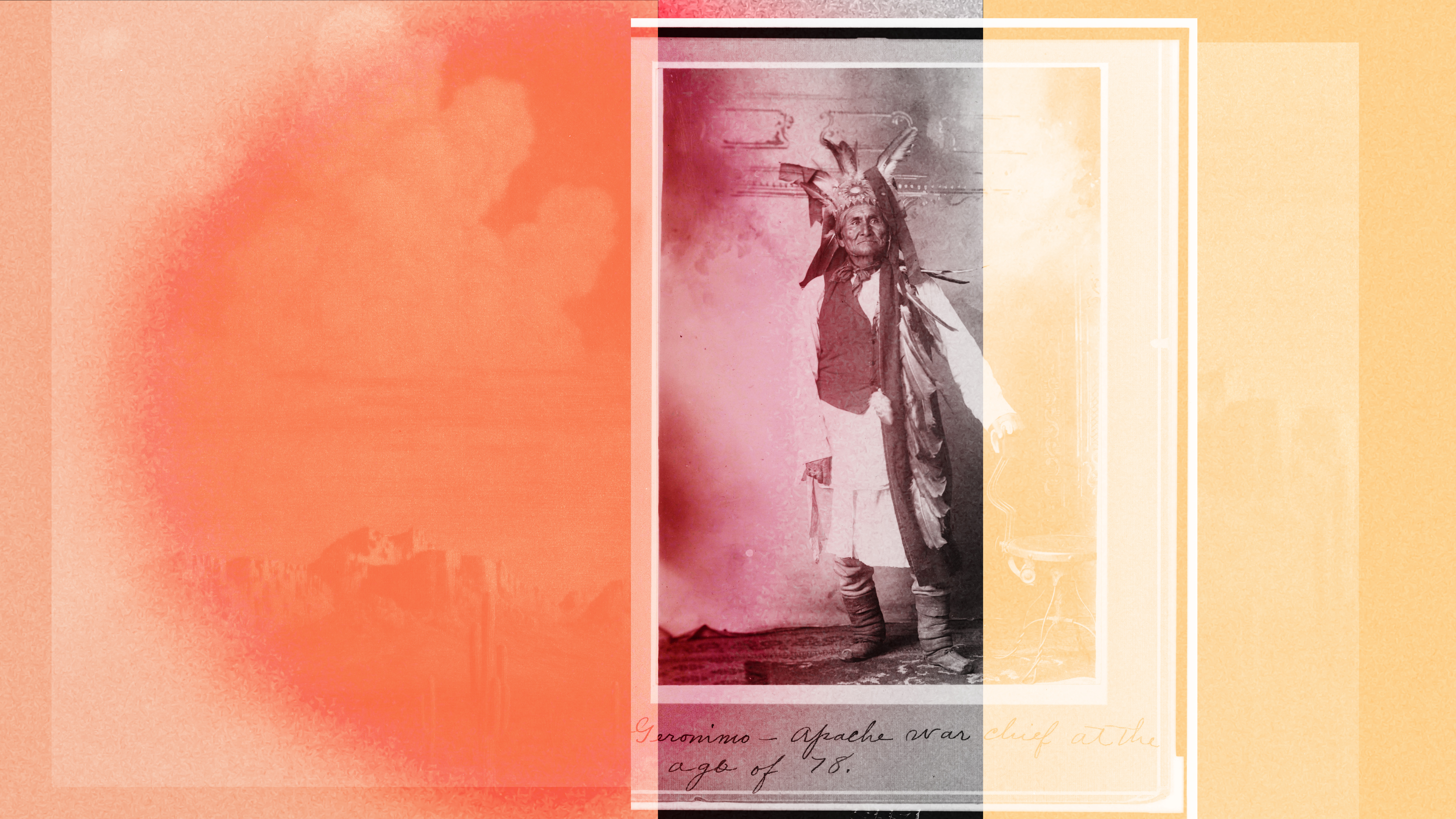 Illustration of a man in Native American dress in a black and white photo surrounded by stripes of orange and yellow.