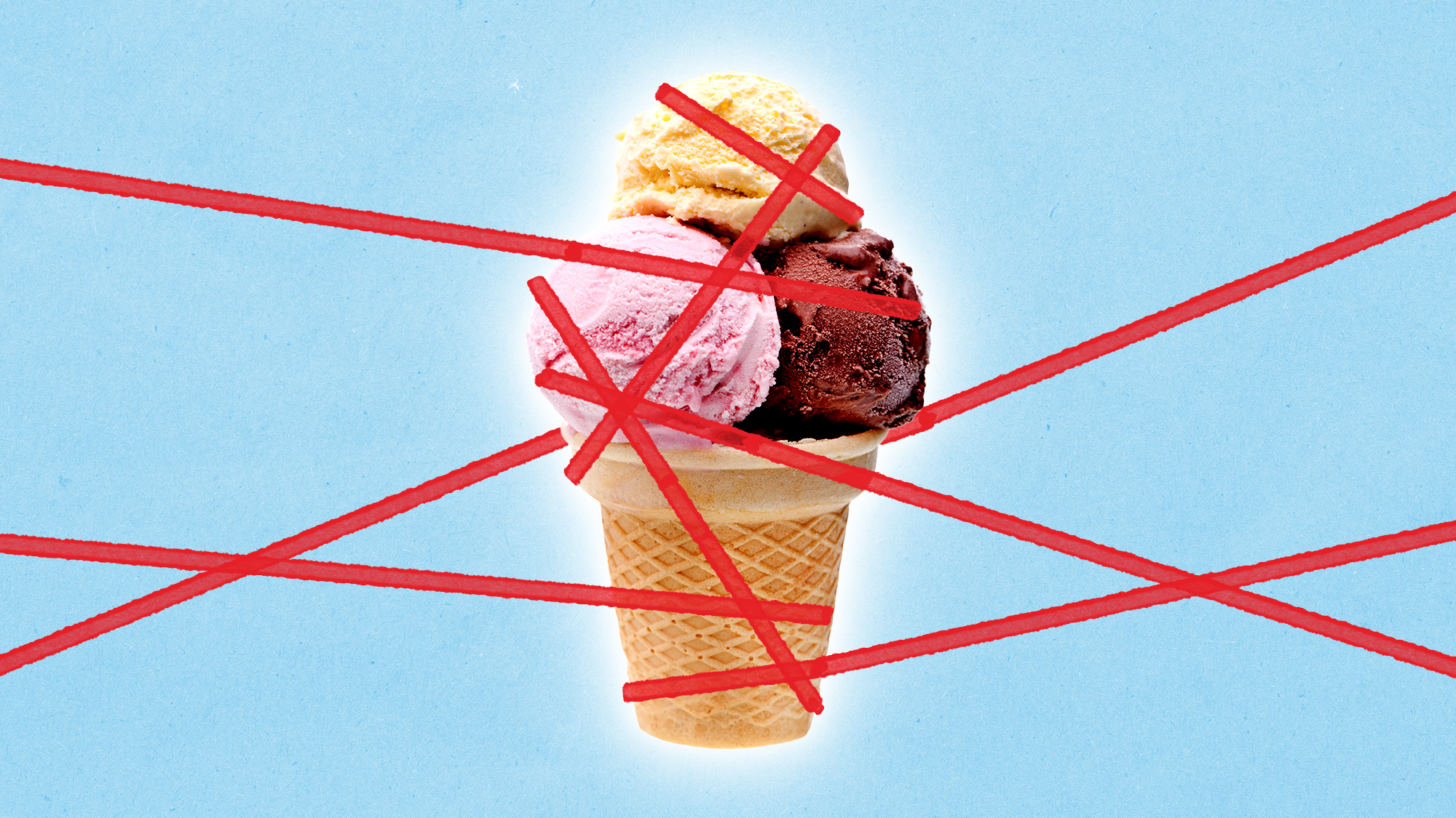 Illustration of a large ice cream cone covered in red tape