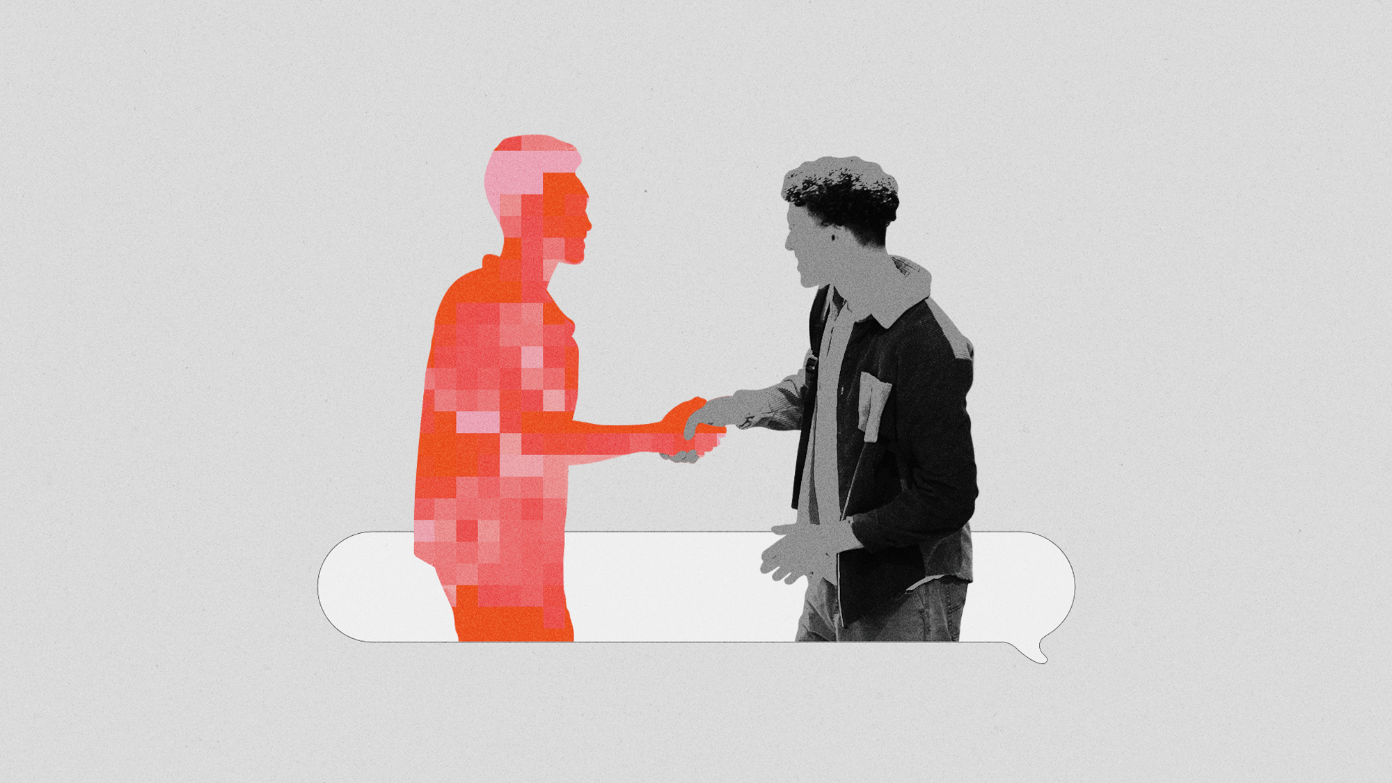 An animated illustrated GIF of a man shaking hands with a silhouette of moving pixels