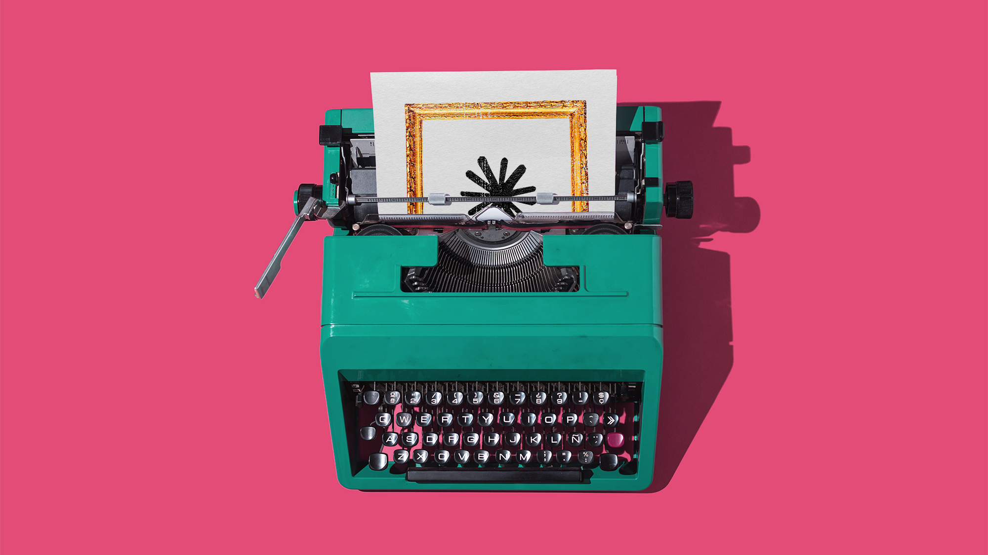 A green typewriter printing out a piece of paper with Anthropic's logo, which resembles an asterisk, inside of a painting frame
