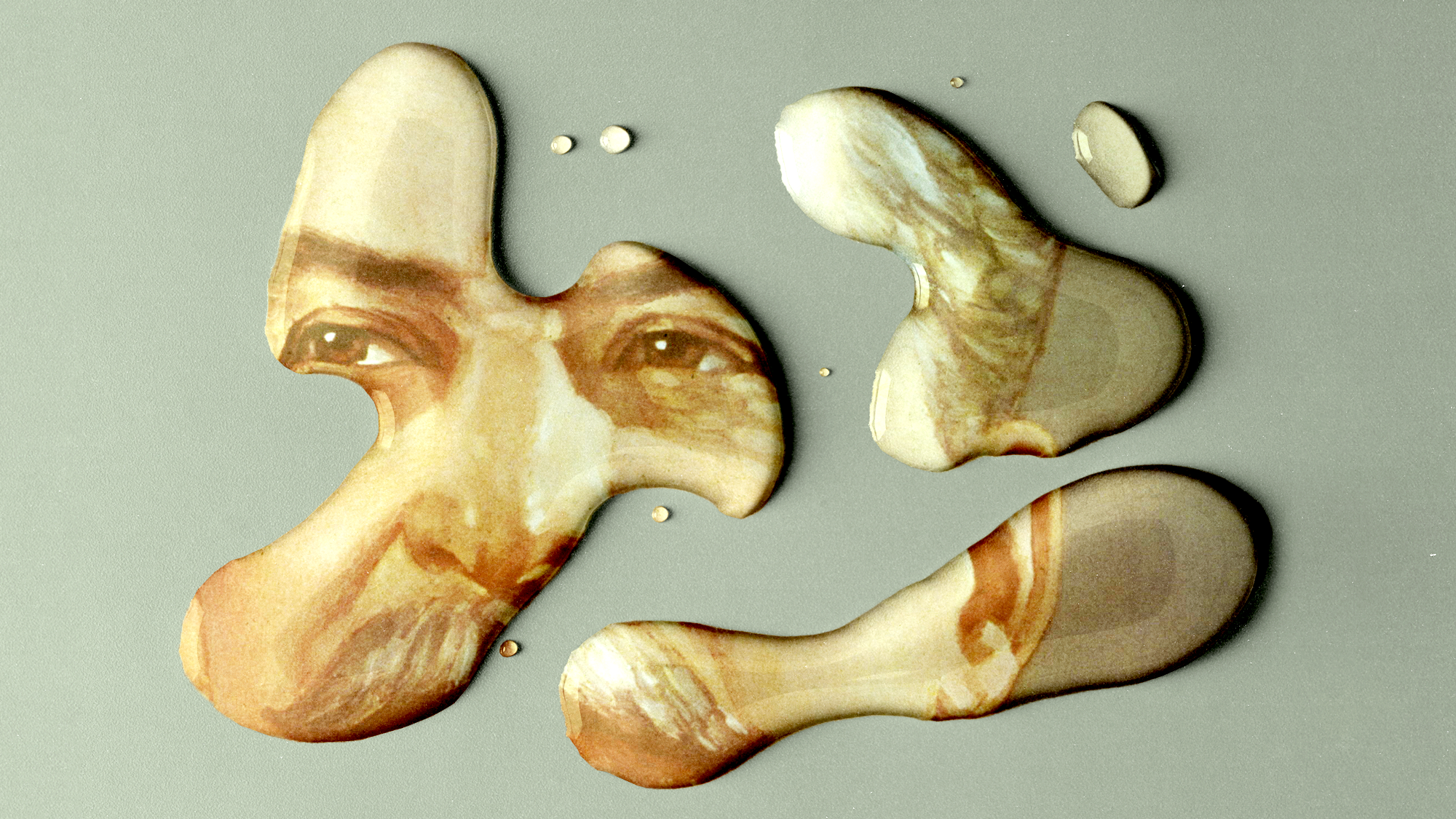 Illustration of liquid on a gray background, showing fragments of the face of a man with a mustache.