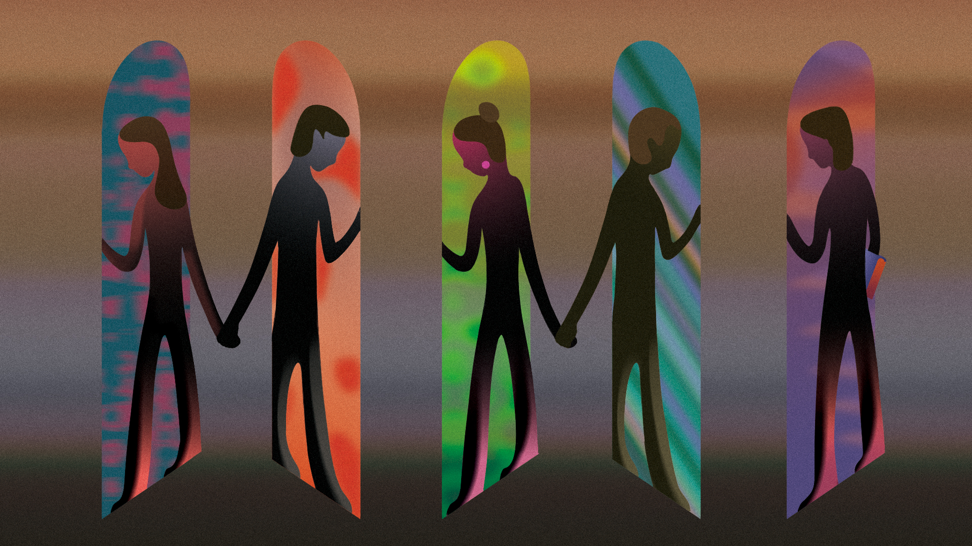 In an illustration, five different figures look down in arched columns