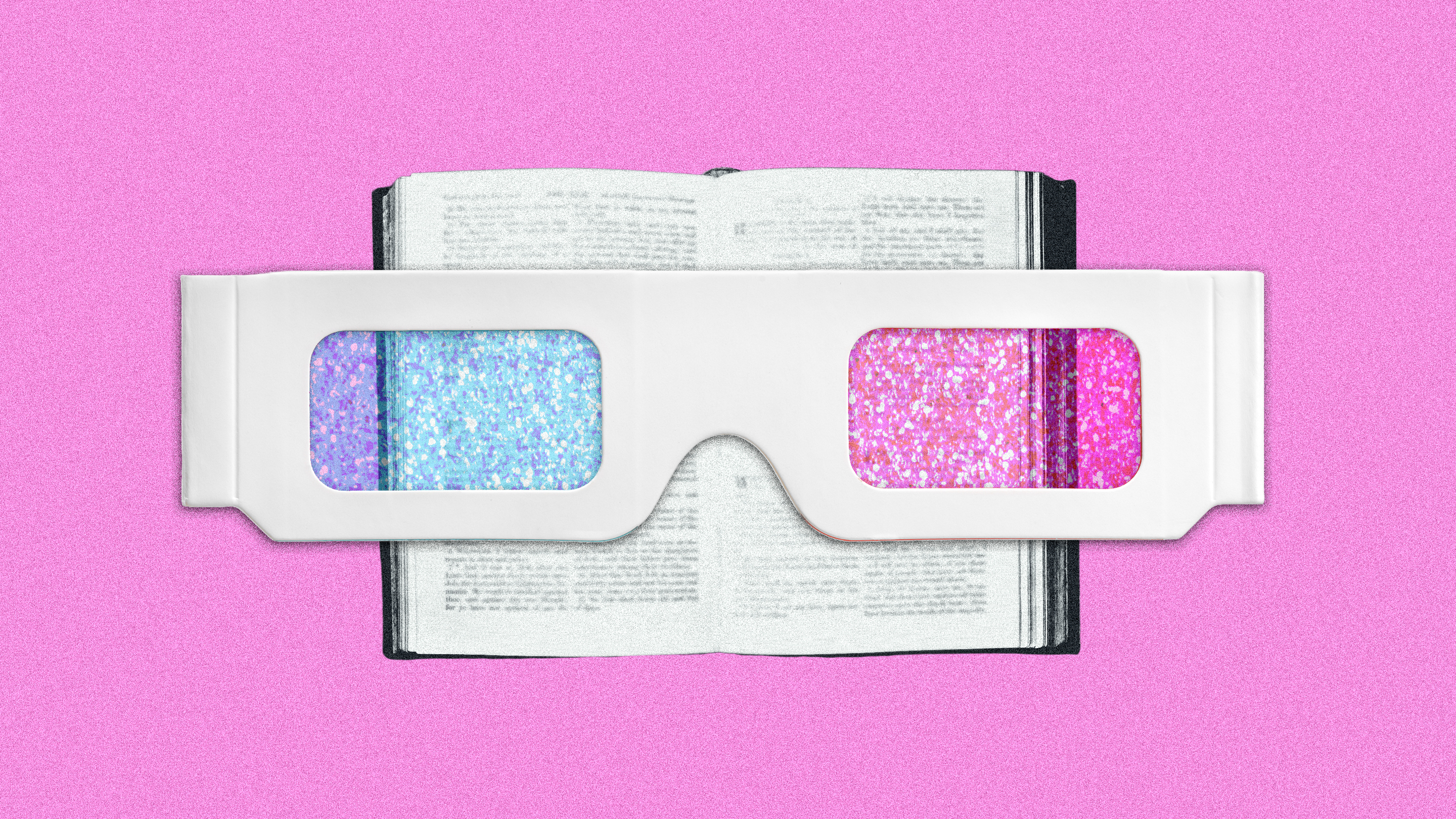 A pair of old-school 3D glasses over a book on a pink background.