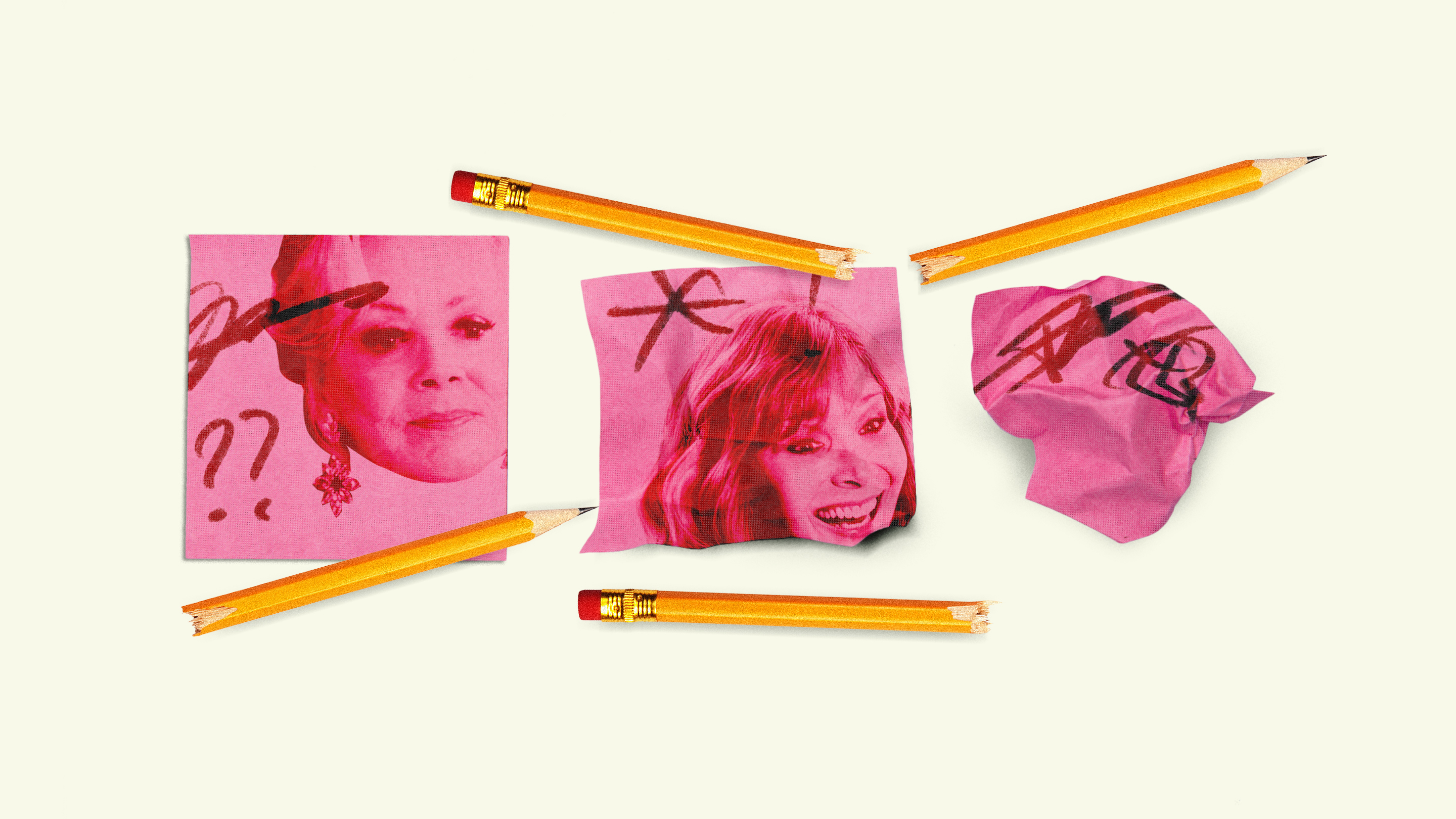 A picture of broken pencils and pink Post-it notes with pictures of Deborah Vance and Valerie Cherish.