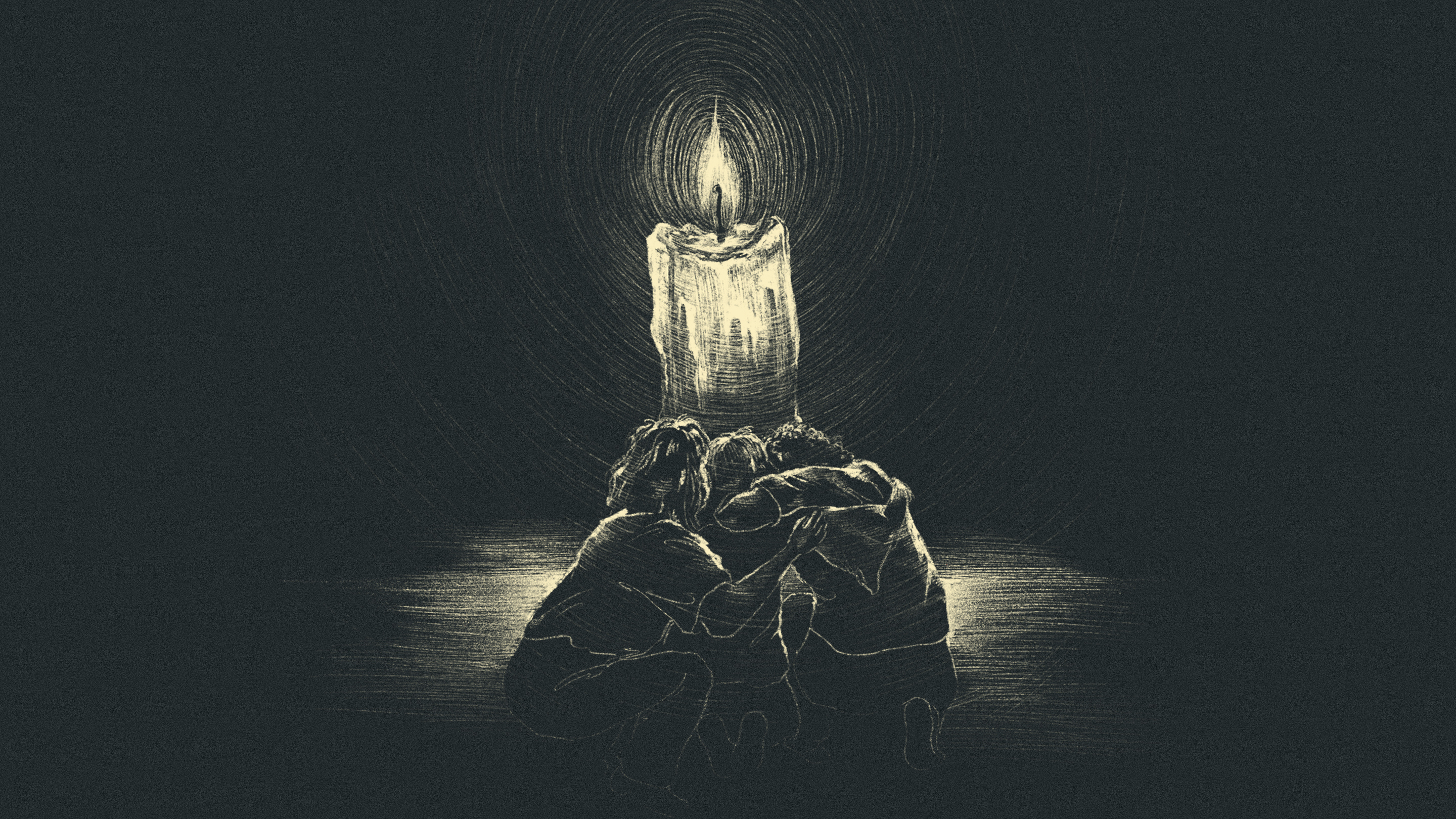 An example of people gathered around a candle hugging each other