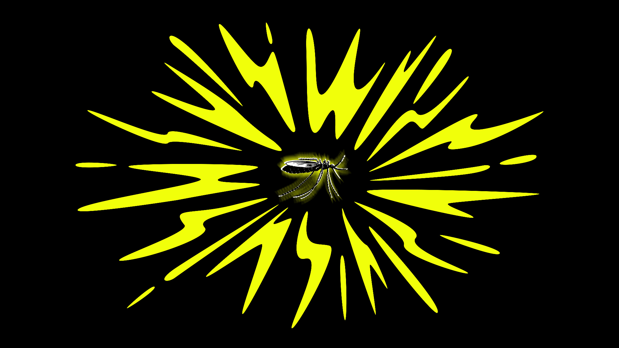 An illustration of a mosquito on a black background, surrounded by yellow squiggles
