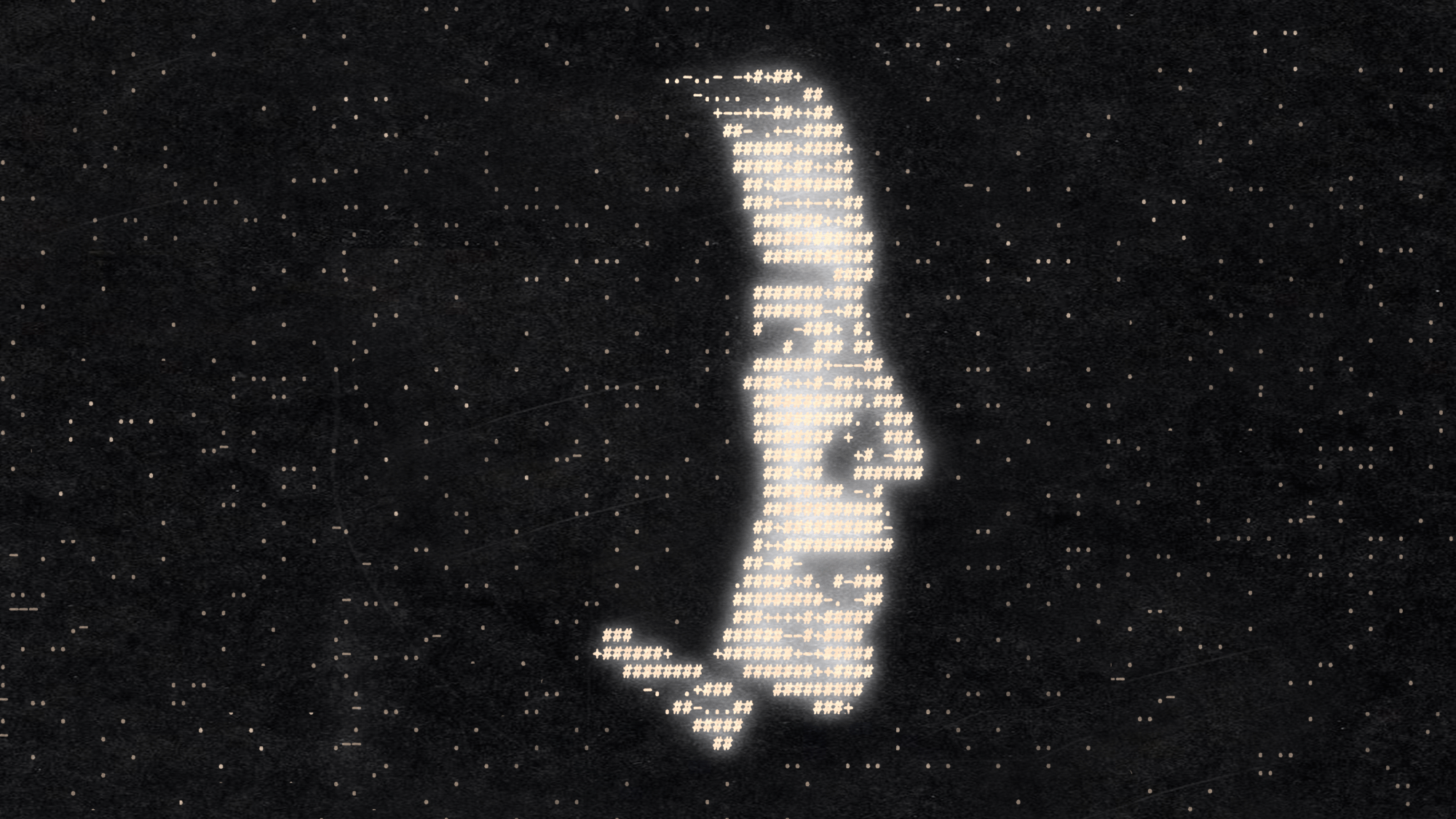 Silhouette of a person's face on a dark background, made with ASCII art