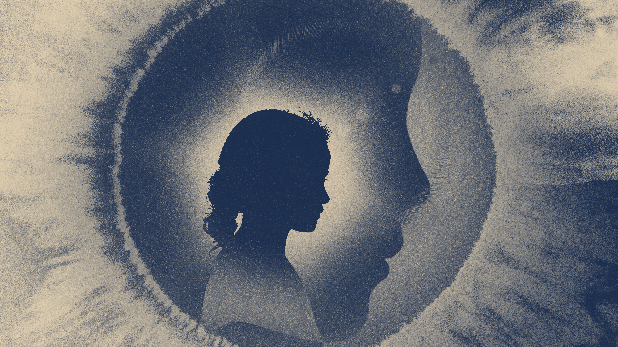 Silhouette drawing of a girl inside a watercolor painting of an eye