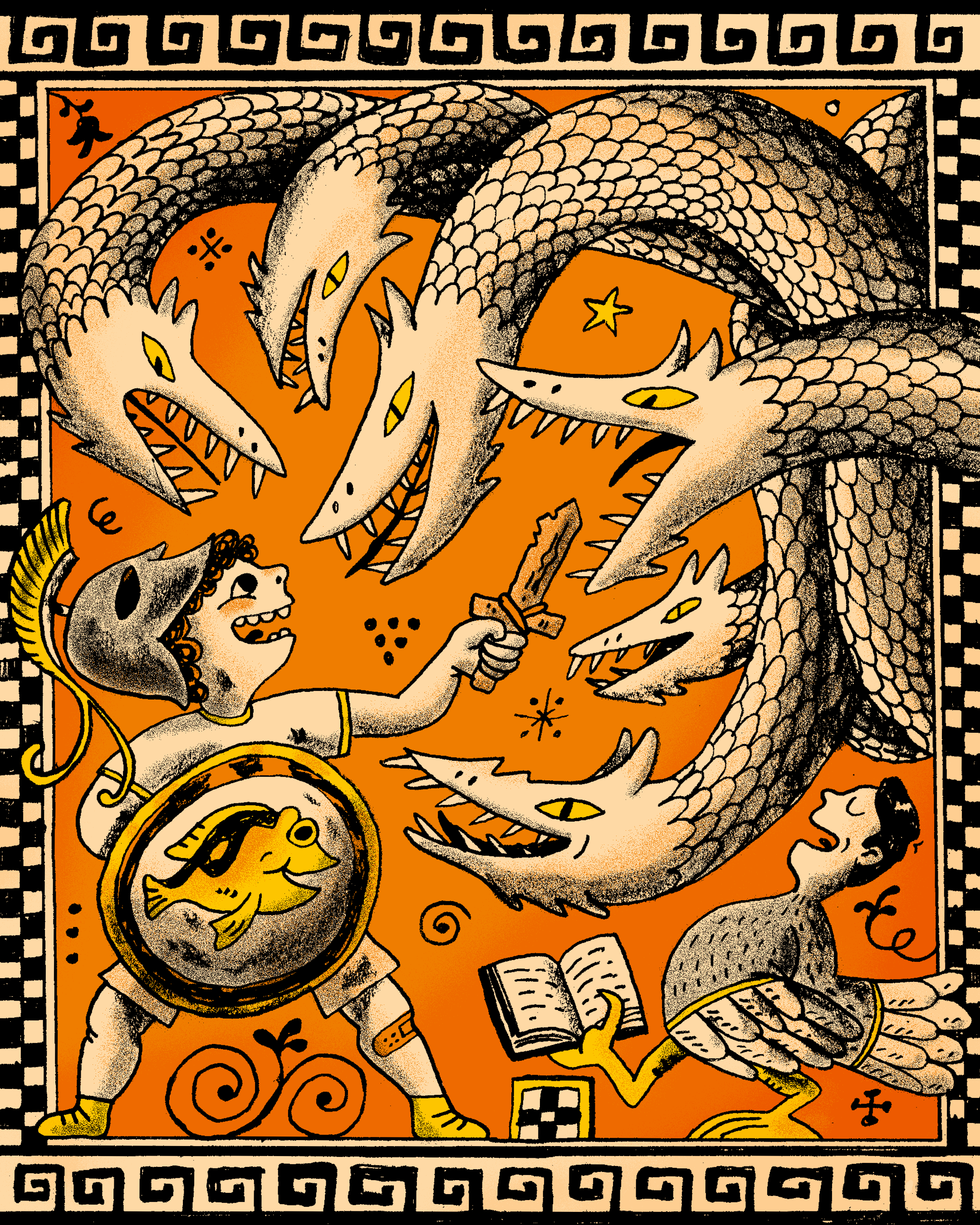 A Grecian-looking illustration showing a child play-fighting the Scylla, a monster from 'The Odyssey'