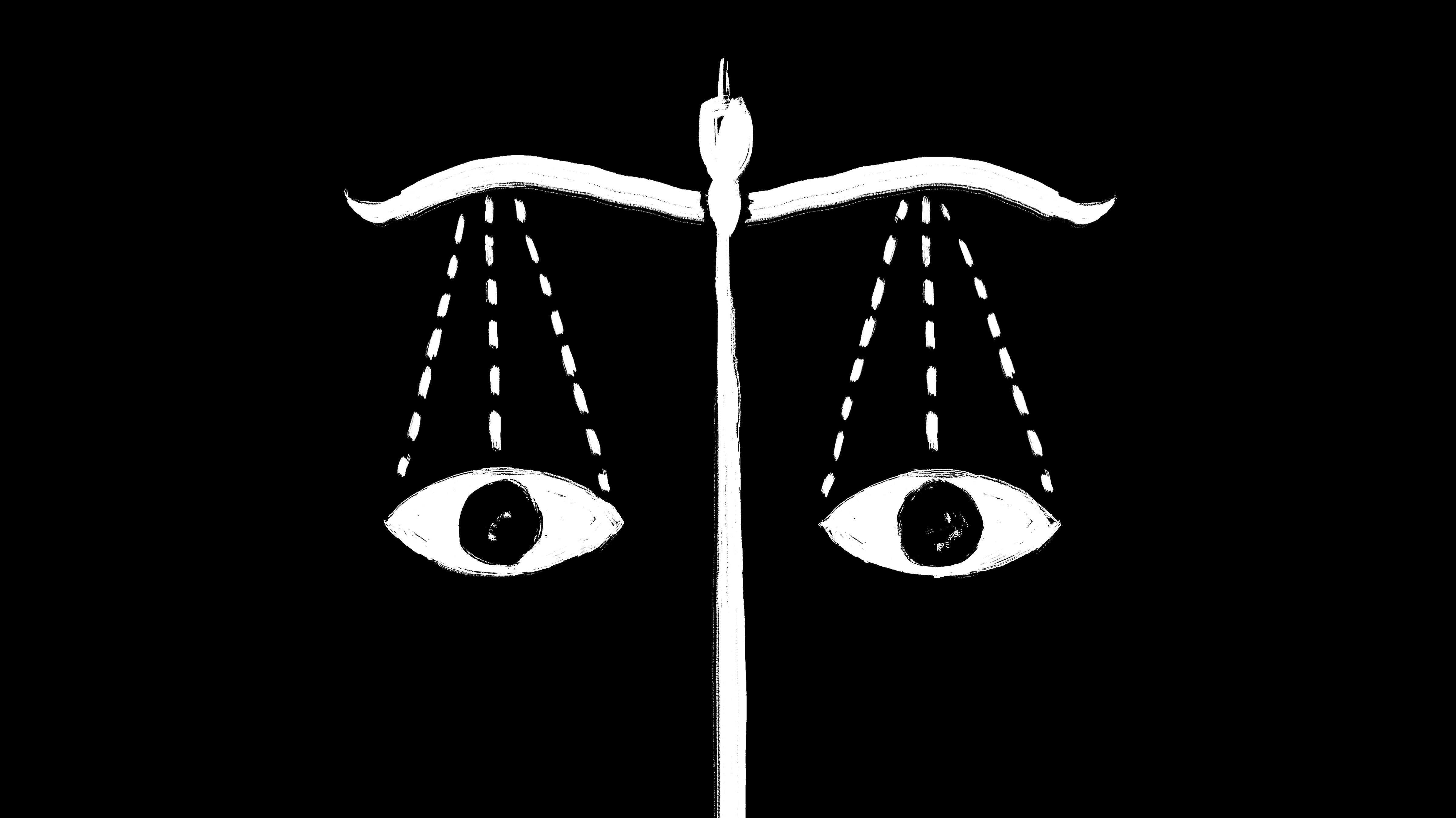An illustration of white scales of justice with the two weighing pans replaced with a set of eyes.