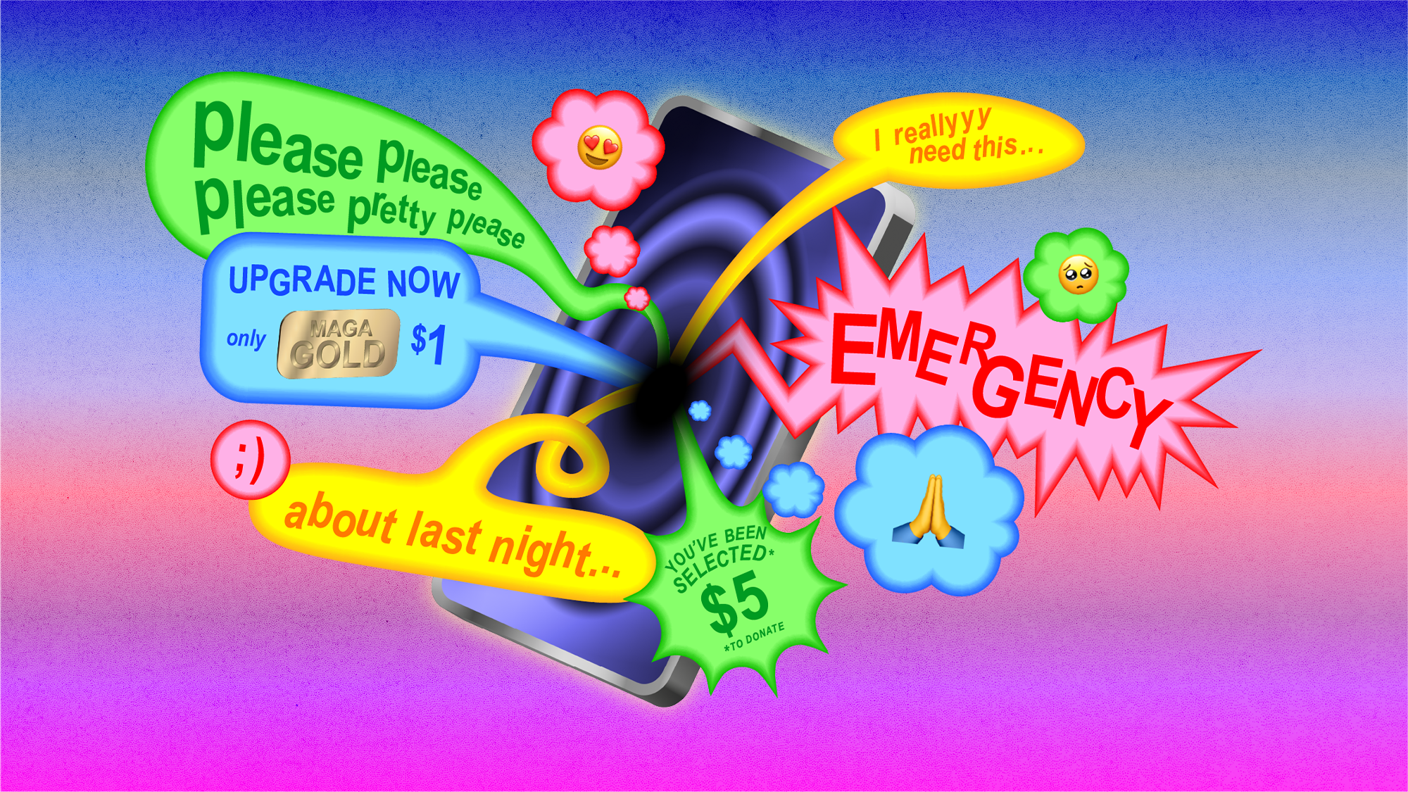 A collage of words and images from political donation emails
