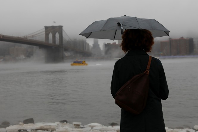 Woman seen from the back, standing with an umbrella and facing a bridge in the rain