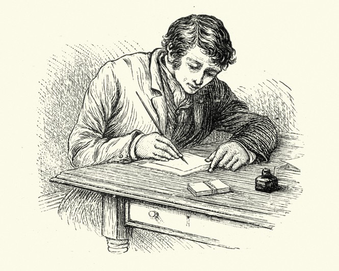 An illustration of a boy writing at a desk