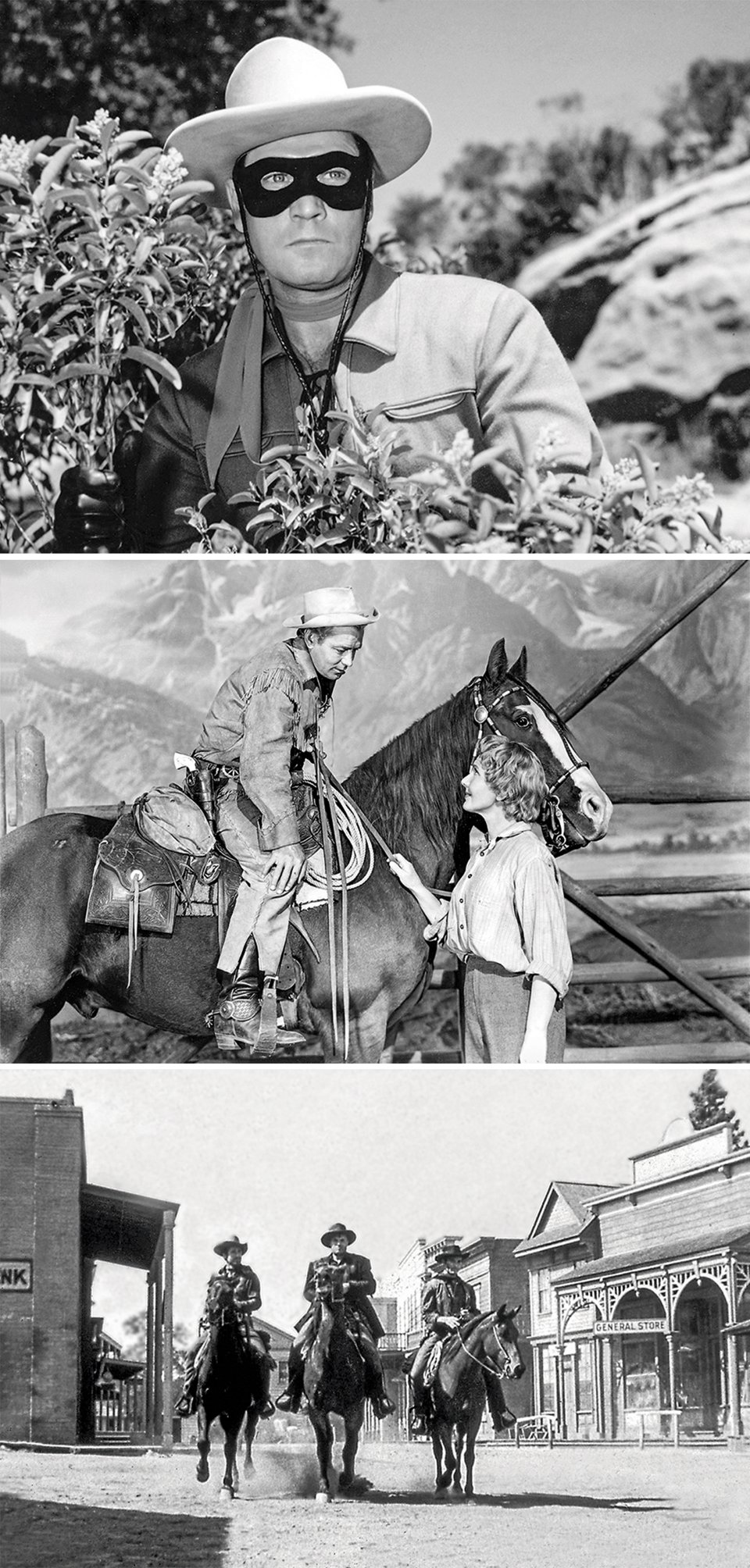3 black and white photos: the Lone Ranger in a black face mask; a man on a horse bending to talk to a woman standing beside him; three men riding horses into a Western town