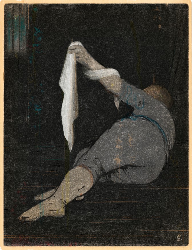 illustration of prone figure raising a white veil