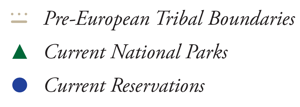 Legend for map of U.S. showing pre-European tribal boundaries, current national parks, and current reservations