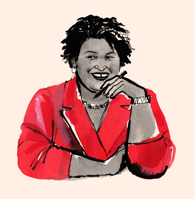 Illustration of Stacey Abrams wearing a red blazer