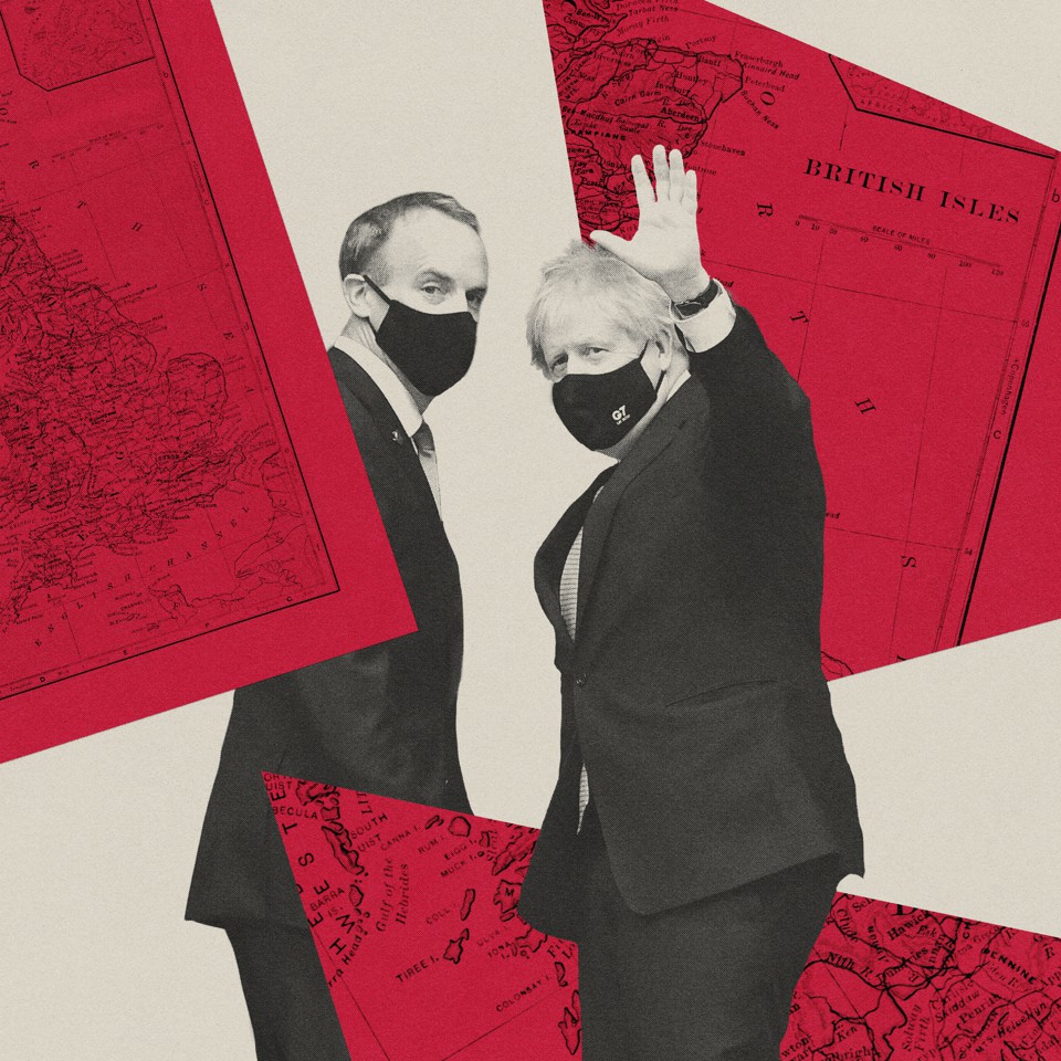 A collage of Boris Johnson and Dominic Raab set against a map of Britain