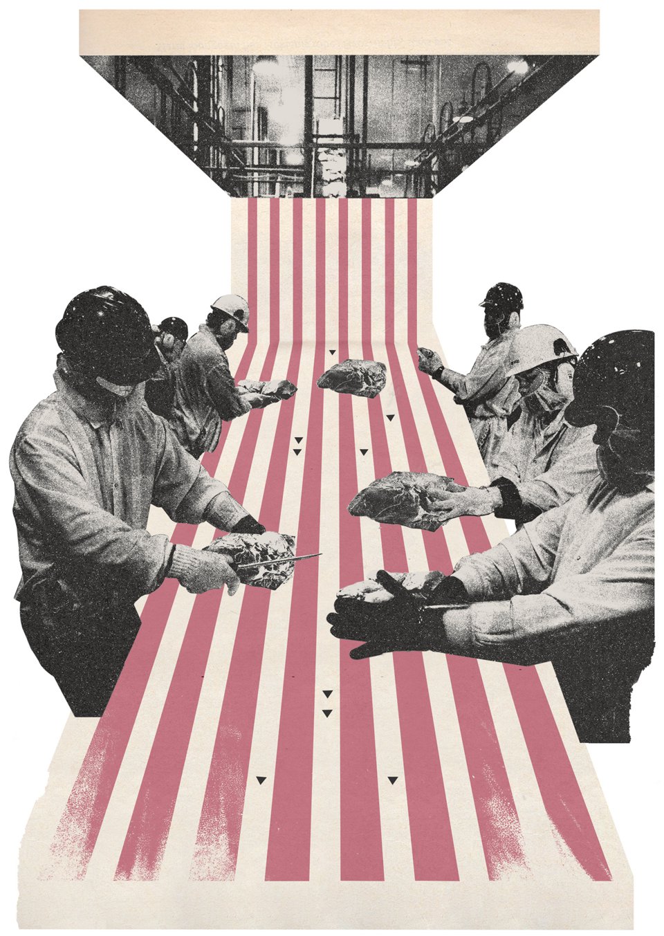 Workers handling meat along an illustrated conveyor belt