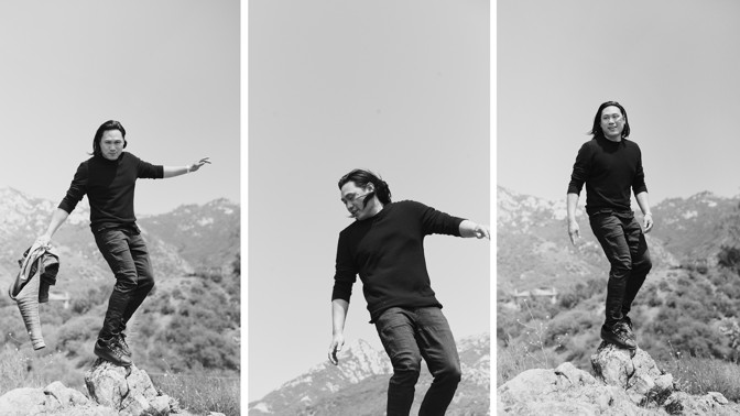 Triptych of Jon Chu balancing on rock
